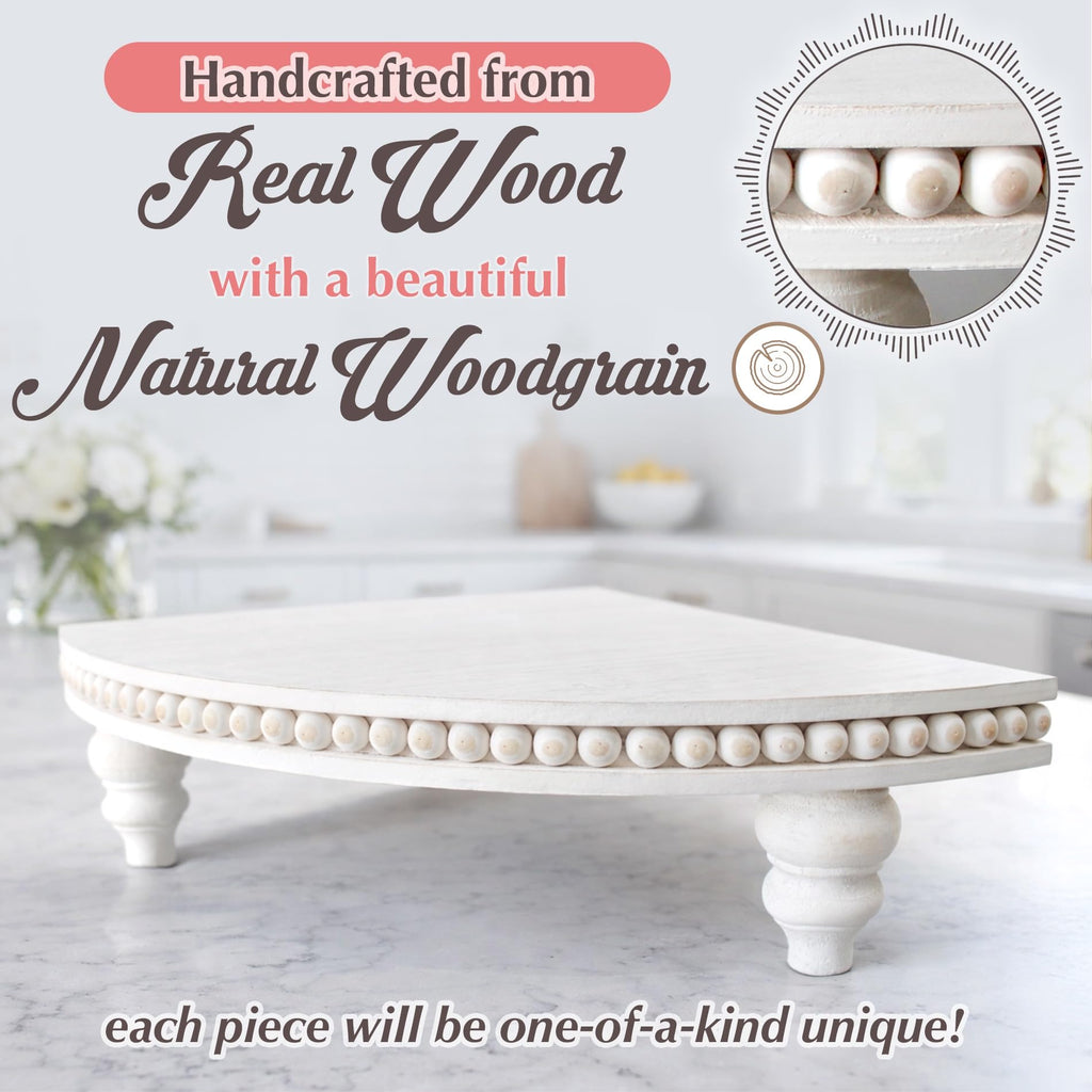 Corner Pedestal Stand Rustic Decor Riser for Display - Farmhouse Wood Rounded Beaded Tray for Kitchen and Bathroom Countertop Organizer, Coffee Bar, Plant Stand with Removable Feet (Rustic White)