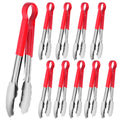Worldity 10 Pack 9 in Kitchen Tongs, Heat Resistant Stainless Steel Serving Tongs with Non-Slip Handle, Red Serving Tong for Cooking, BBQ, Buffet, Dinner