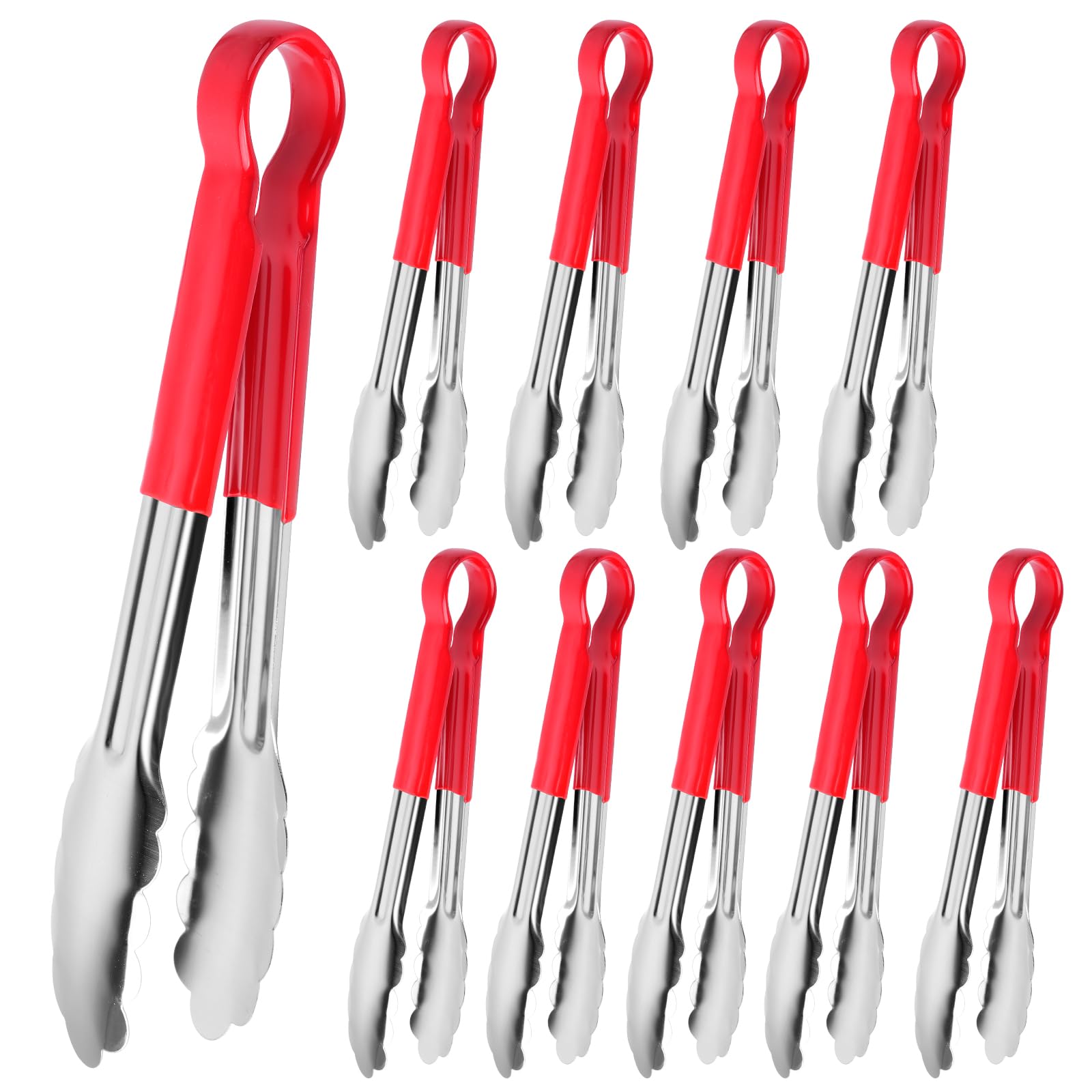 Worldity 10 Pack 9 in Kitchen Tongs, Heat Resistant Stainless Steel Serving Tongs with Non-Slip Handle, Red Serving Tong for Cooking, BBQ, Buffet, Dinner
