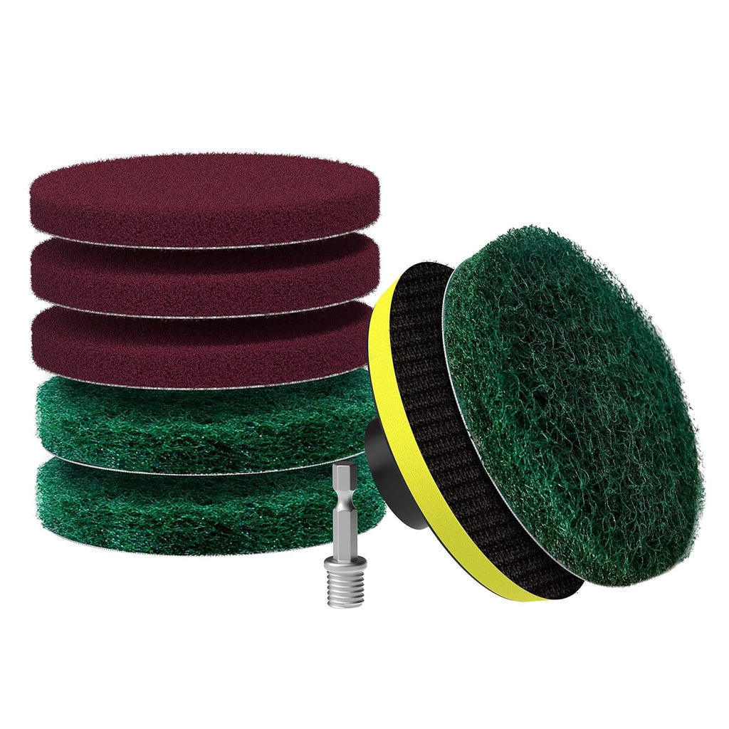 4 inch drill Power Brush Tile Scrubber Scrub Pad 2 different stiffness 4 inch pad Holders with 6 scrub pads Heavy Duty bath and tile cleaner for perfect cleaning of large flat areas drill not included