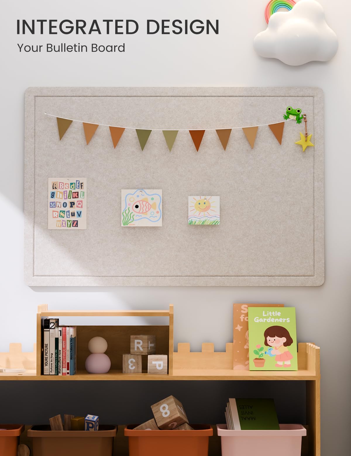 Fluxynara Bulletin Board, 23.6" x 17.5" Cork Board Alternative with 12 Safe Removable Adhesive Tabs, Foldable Felt Pin Board for Home Office, Classroom, Bedroom,Entryway for Walls— Oatmeal