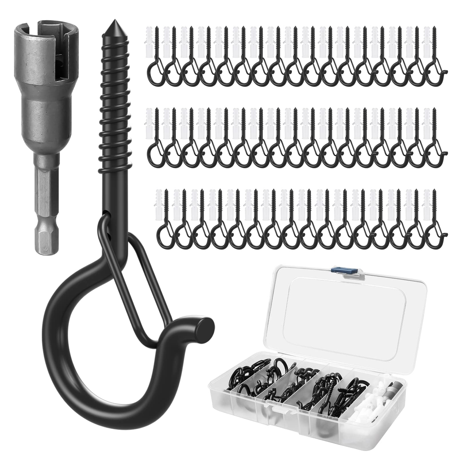 50 Set Q-Hanger Hooks for Outdoor String Lights, GIPTIME Ceiling Hook Screw Christmas Rope Light Clips, Fairy Lights Plants Wind Chimes Decoration Hanging Safety Buckle Design, Include Wing Nut Driver