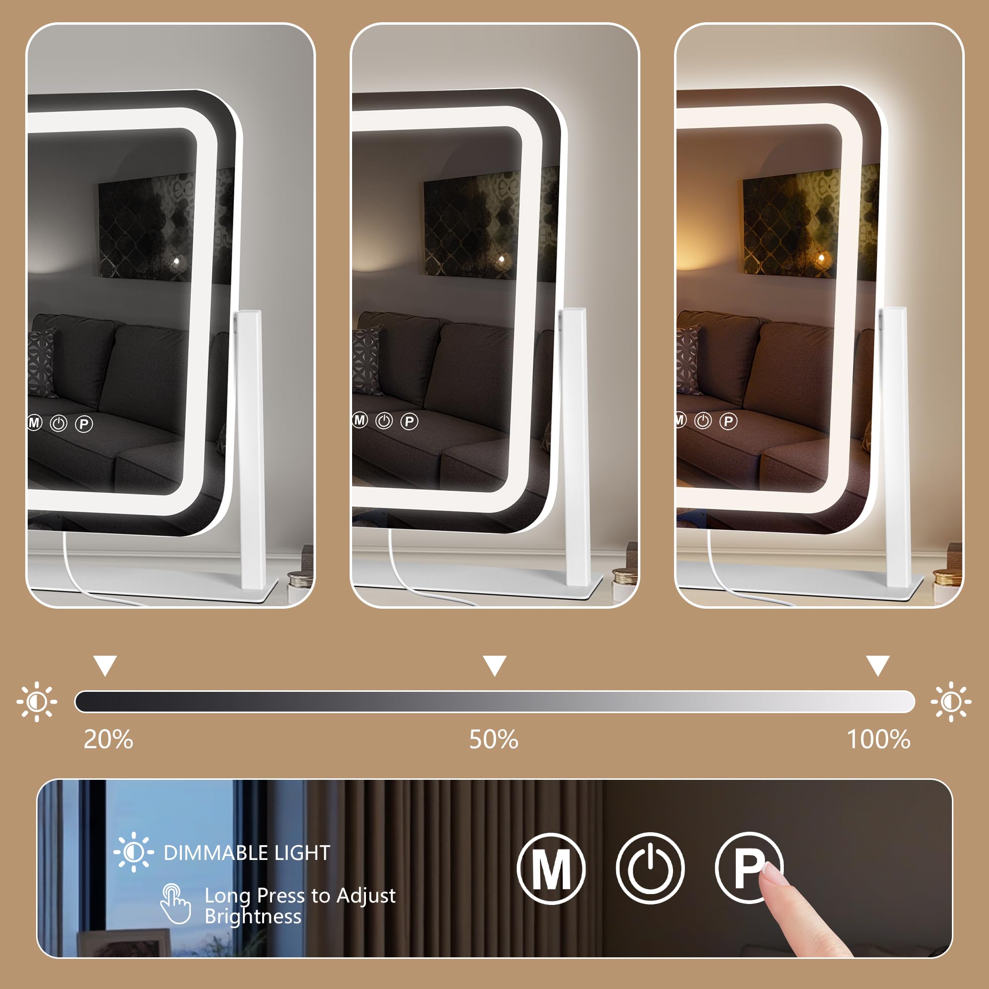 Ratsamee 13" x 15" Vanity Mirror with Lights, Led Makeup Mirror, Lighted Makeup Mirror with 3 Color Dimmable Lights, Smart Touch Screen Control, Smart Touch Screen Control, 360°Rotation