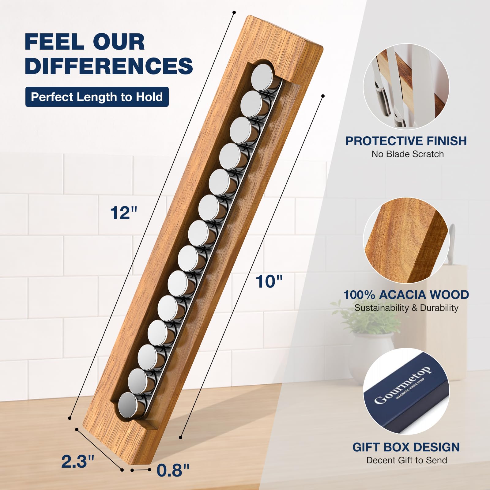 Gourmetop Magnetic Knife Holder for Wall 12", Knife Magnetic Strip No Drilling, Acacia Wood Magnetic Knife Strip for Kitchen Organizer, Strong Knife Magnet&Knife Rack for Kitchen Utensil Organizer