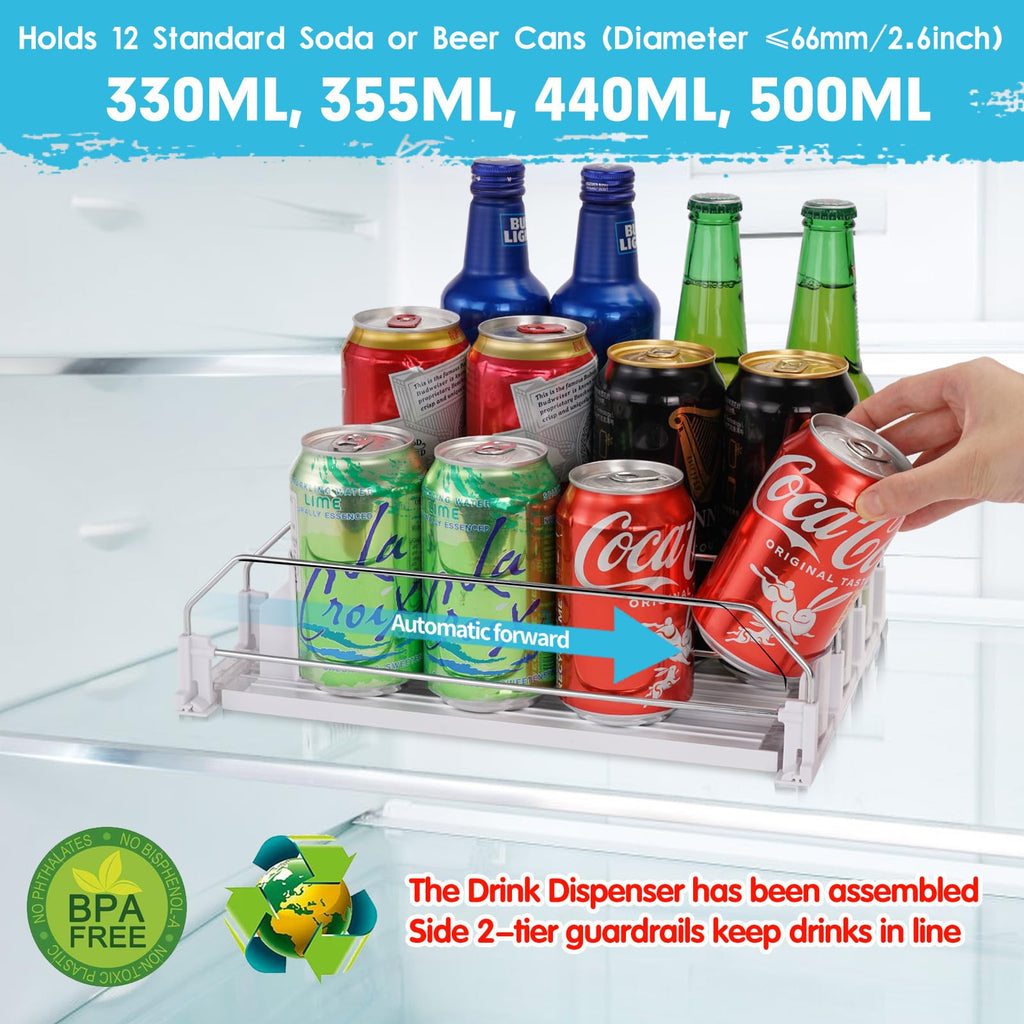 Automatic Soda Can Organizer for Refrigerator Already Assembled Can Dispenser for Soda Seltzer Drink Pop Can Holder Self-Pushing Drink Organizer for Fridge Storage 12 cans of 11.15oz 12oz 16oz 16.9oz