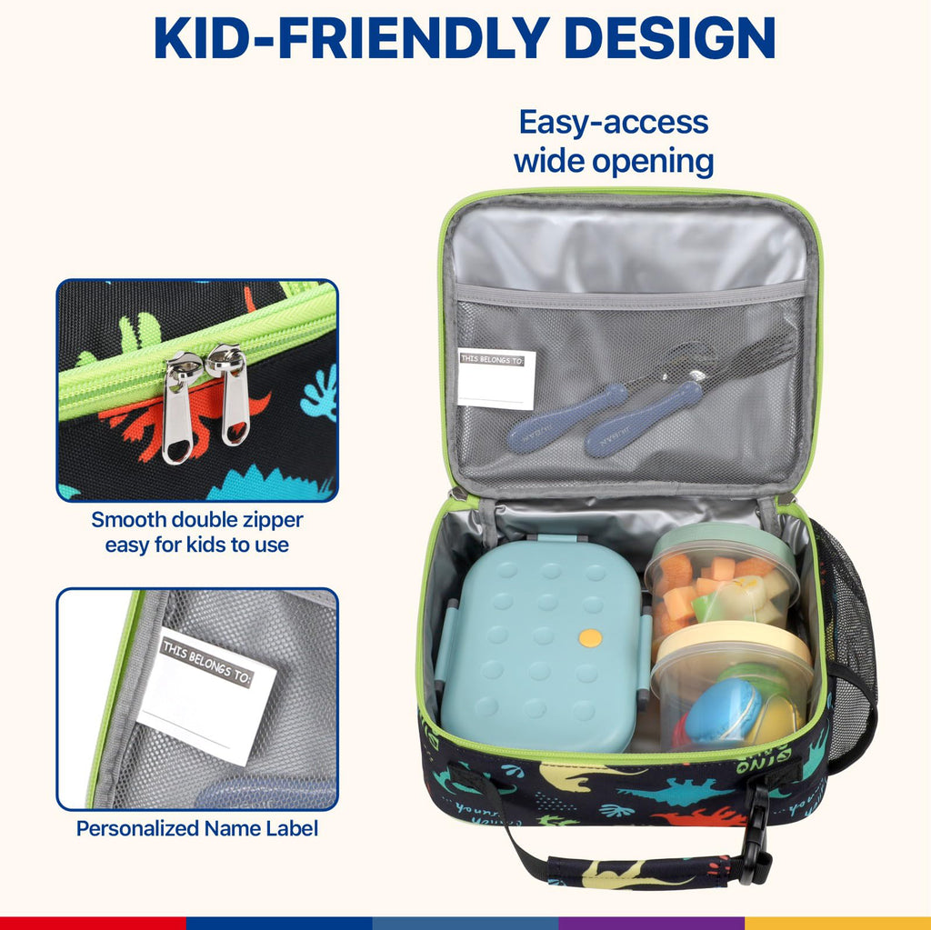 Bagseri Kids Lunch Bag Boys - Kids Lunch Box for Boys Reusable Leak-Proof and Insulated Lunch Bag Toddler Lunch Box for Daycare and School, Black Dinosaur (Water Bottle Not Included)