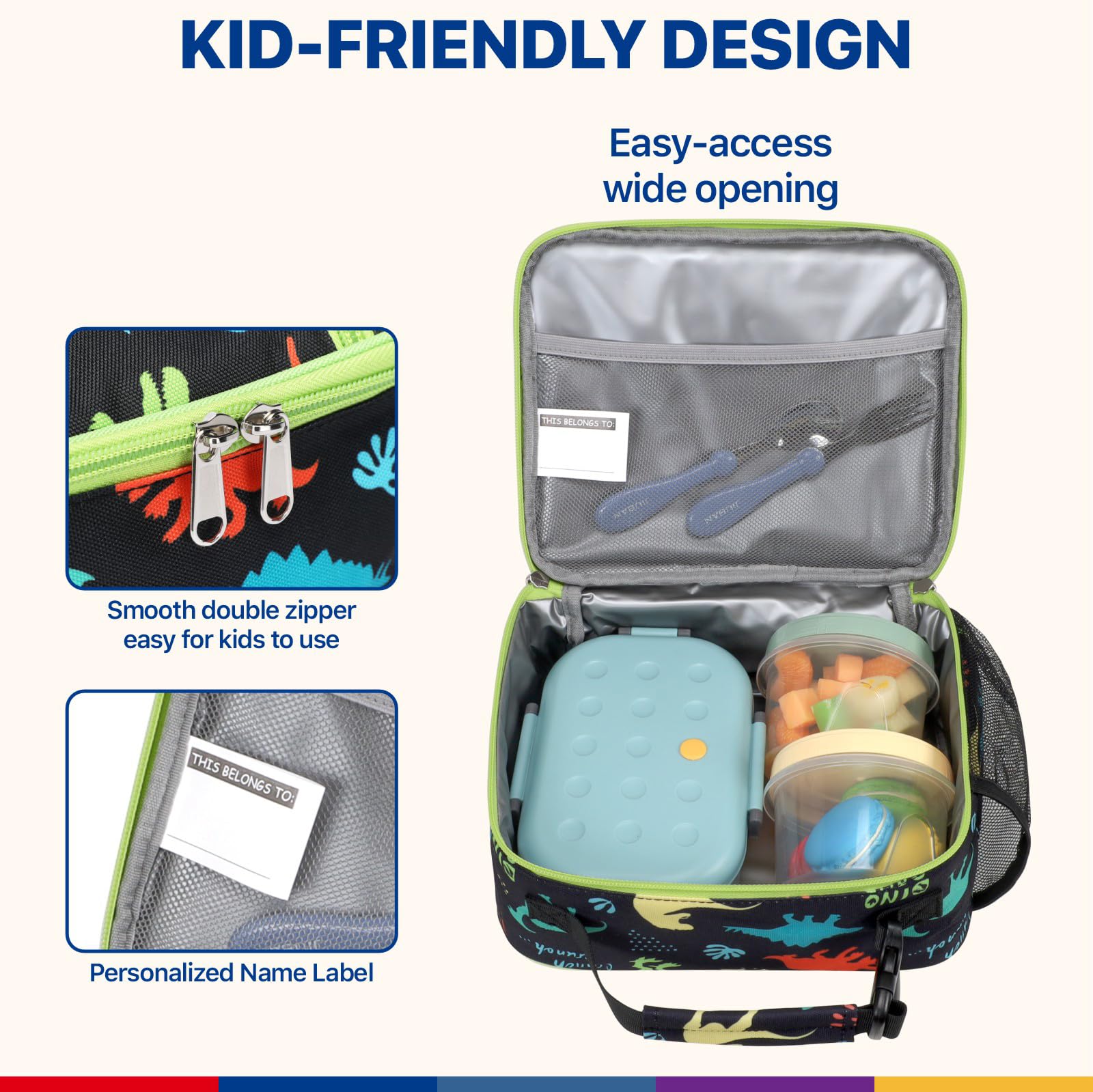 Bagseri Kids Lunch Bag Boys - Kids Lunch Box for Boys Reusable Leak-Proof and Insulated Lunch Bag Toddler Lunch Box for Daycare and School, Black Dinosaur (Water Bottle Not Included)