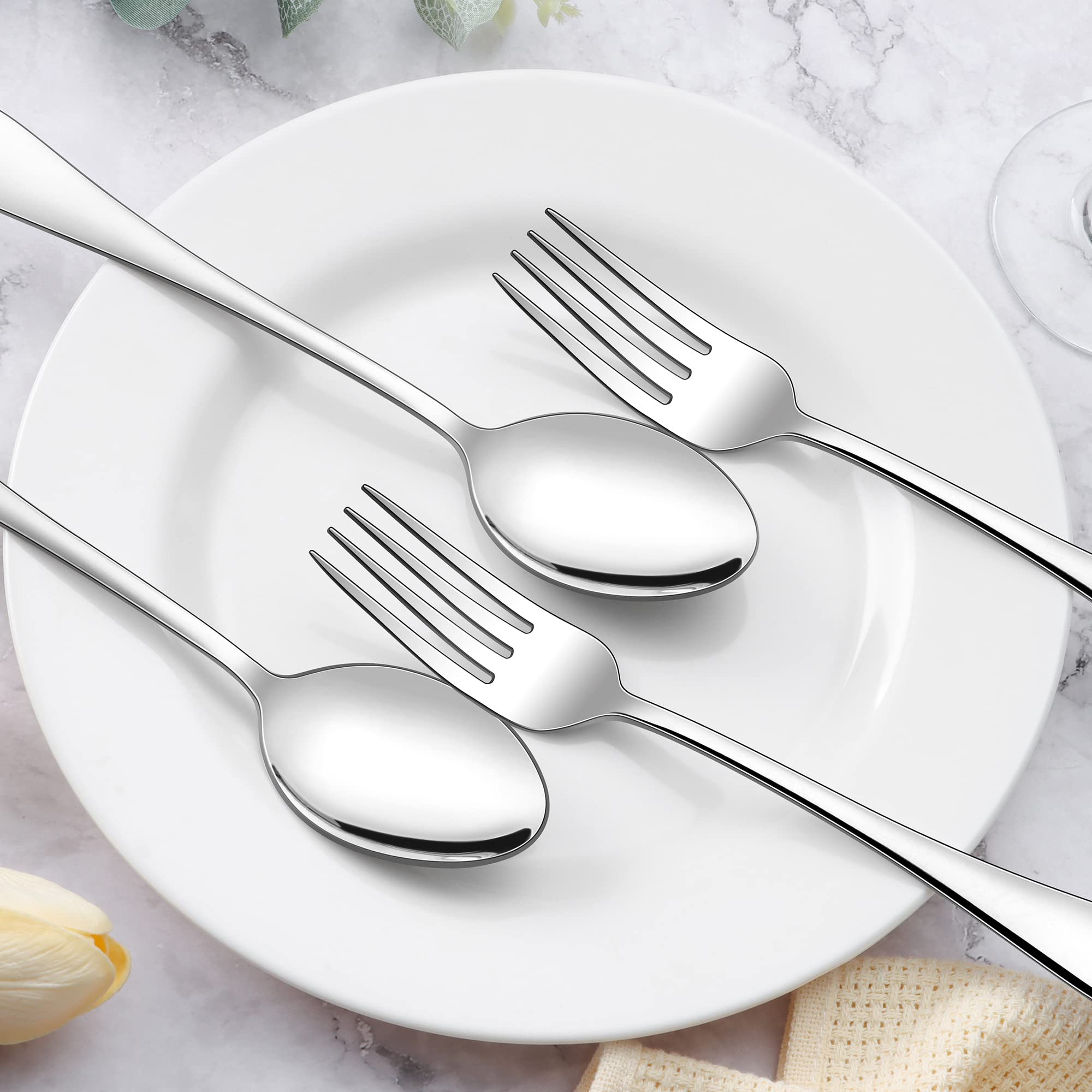 E-far 24-Piece Dinner Forks and Spoons, Stainless Steel Silverware Flatware Eating Utensils Set for Home Kitchen Restaurant, Food Grade Metal & Simple Design, Mirror Finish & Dishwasher Safe, 8 Inch