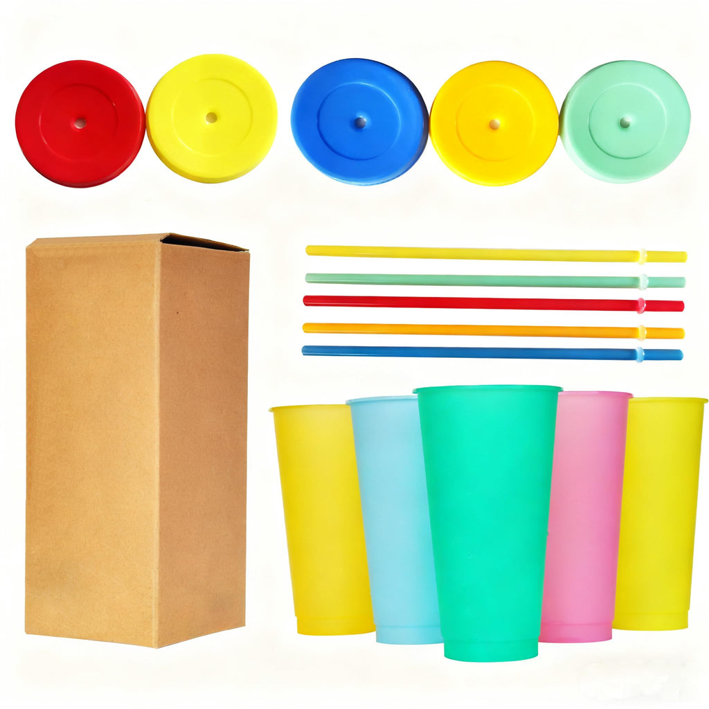 Alohastarttg Color Changing Cups, 5 Pack 24oz Plastic Tumblers, Reusable Iced Coffee & Smoothie Cups with Lids and Straws for Parties and Travel
