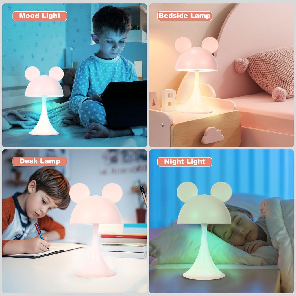 MARZIUS Rechargeable Mouse-Shaped LED Bedside Lamp – Kids Room Night Light with Touch Dimming & 3 Color Temperatures (Pink)