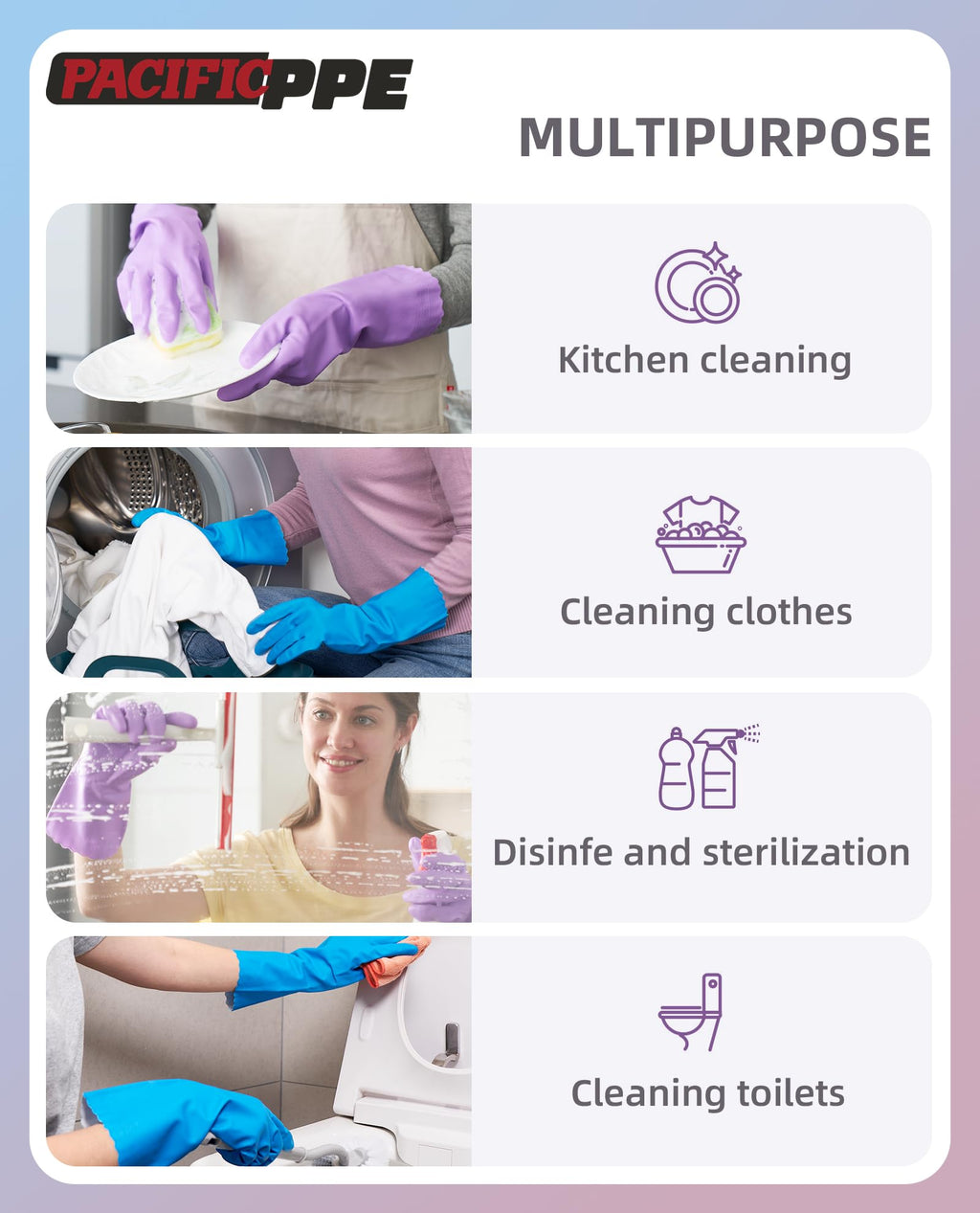 PACIFIC PPE Reusable Dishwashing Cleaning Gloves with Latex Free, Cotton Liner, Household, Kitchen Gloves, Blue, Large, 2Pairs