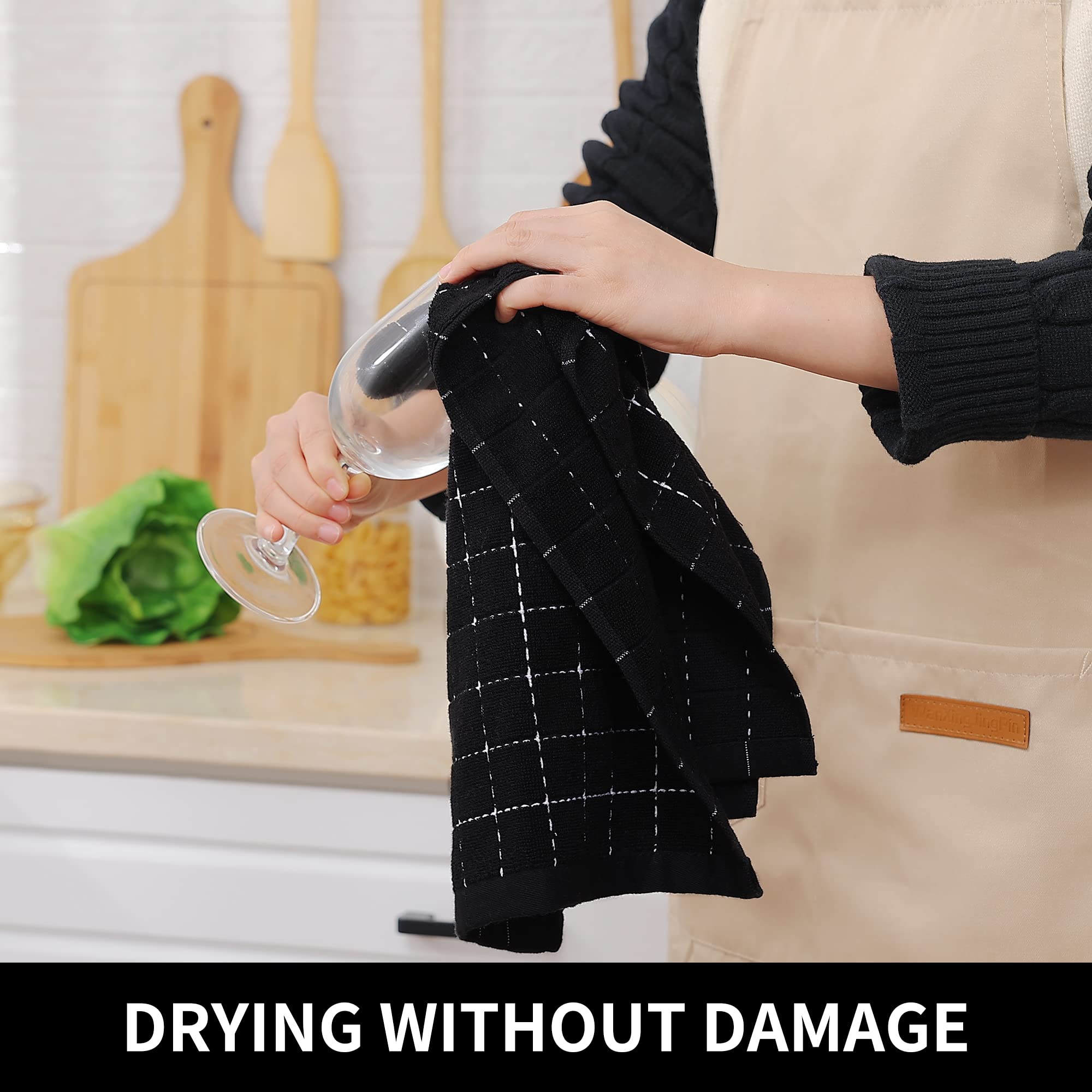 smiry 100% Cotton Terry Kitchen Towels, 4 Pack Ultra Soft and Absorbent Cleaning Dish Cloths, 13 x 28 inches Checkered Designed Non-fluffing Quick Drying Dish Towels and Tea Towels, Black
