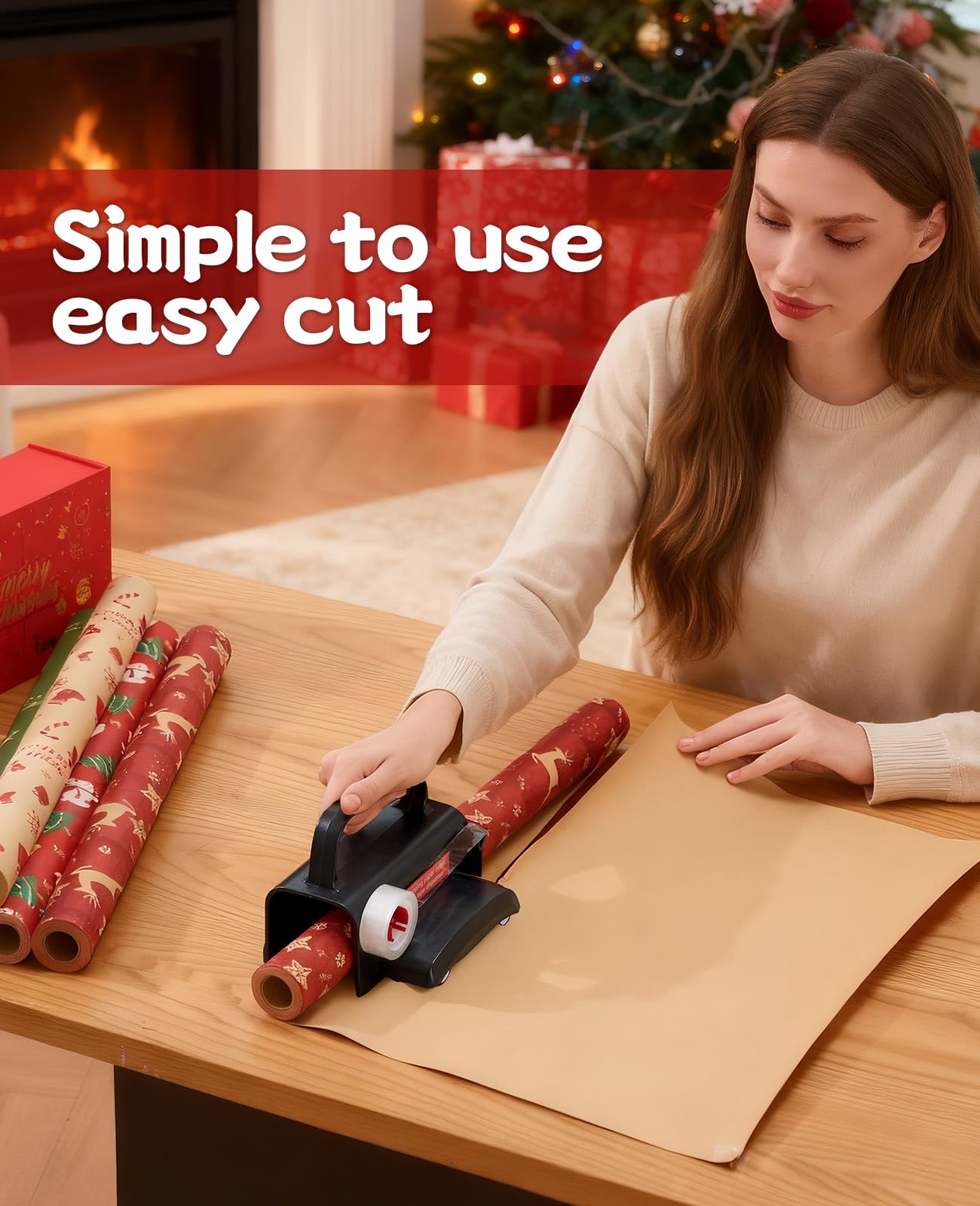 Upgrade 2 Pack Wrapping Paper Cutter with Tape Dispenser, Gift Wrap Cutter Tool with Wheels, 2 Replace Blades & 4 Tapes Kit for Christmas Paper Rolls Wrapping, Safe & Efficient for Precise Cutting