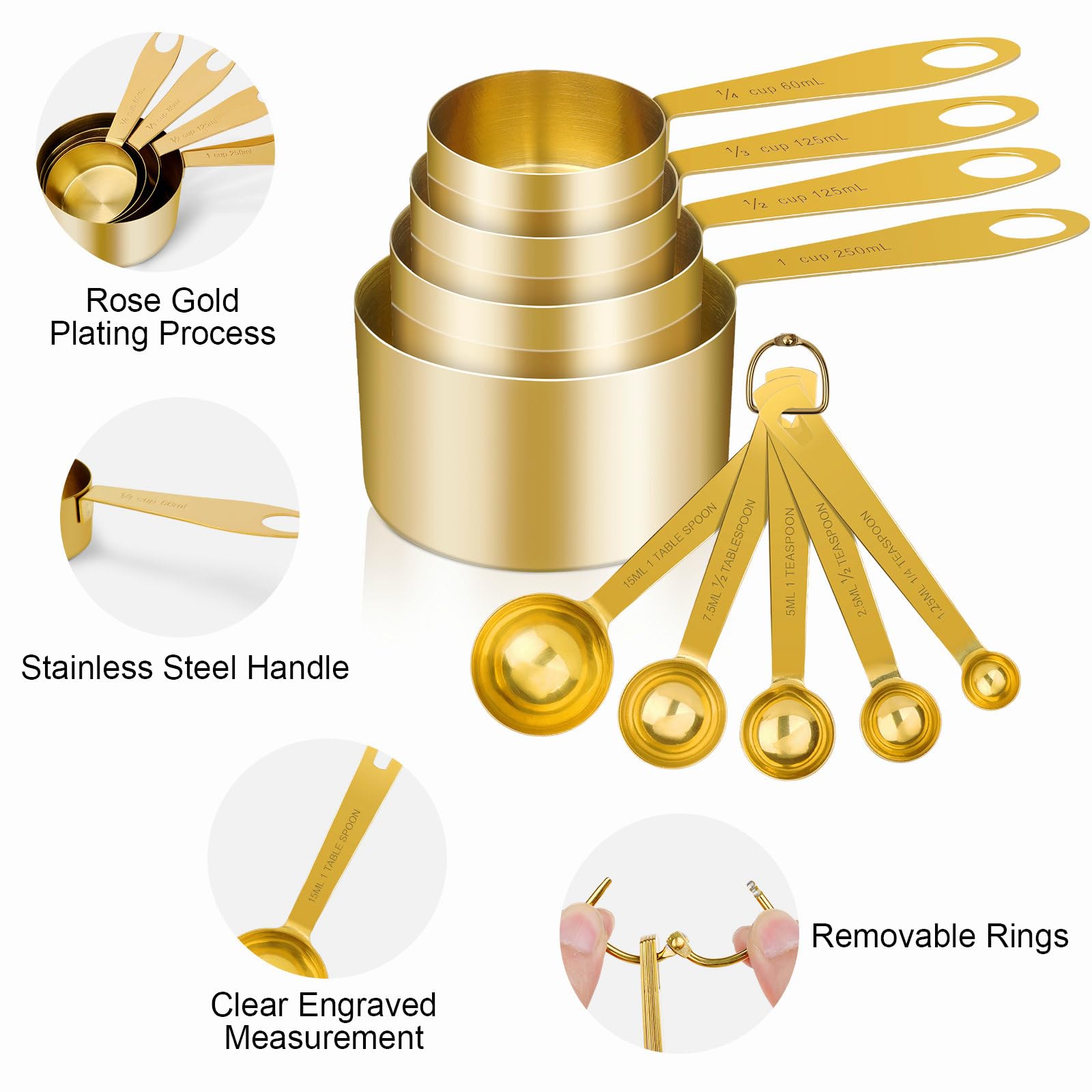 GuDoQi Measuring Cups and Spoons Set of 9, Stainless Steel Handle with Metric and US Measurements, Golden Polished Finish, Dry & Liquid Ingredient Measuring Cup for Cooking and Baking