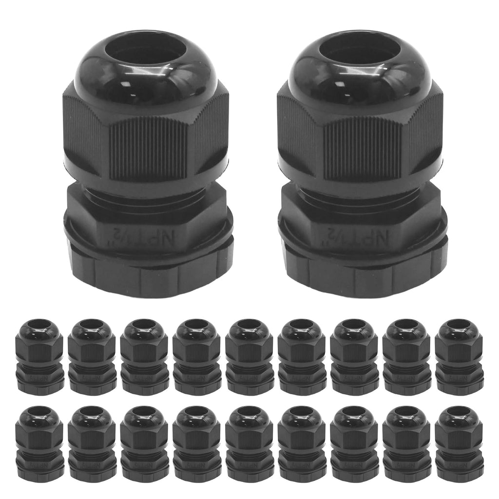 20Pcs 1/2" NPT Cable Glands, Waterproof Strain Relief Cord Connector, Adjustable Strain Relief Cord Connector Grip with Gaskets and Lock Nut for Junction Box Solar Energy