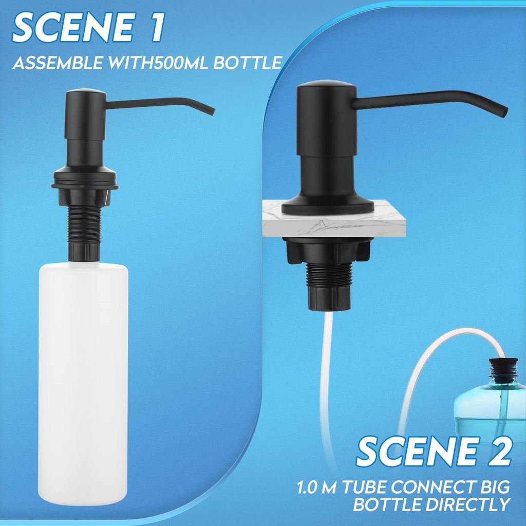 CREA Kitchen Soap Dispenser Black, Built in Sink Soap Dispenser Set with 17oz Liquid Lotion Soap Pump Bottle and Extension Tube Kit, Stainless Steel Countertop Soap Dispenser for Kitchen Sink……