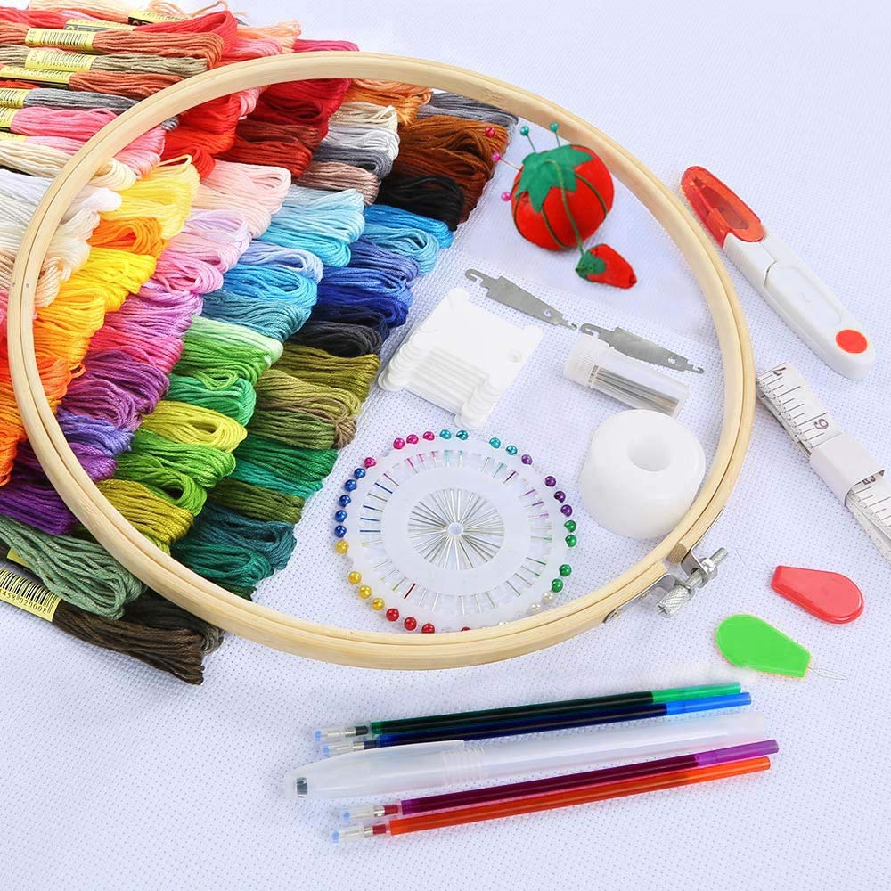 Full Range Embroidery Starter Set Including 5 Pieces Bamboo Embroidery Hoops, 100 Colors Embroidery Threads, 2 Pieces Aida Cloth and Cross Stitch Tool Kit for Beginners (100 Embroidery Thread (New))