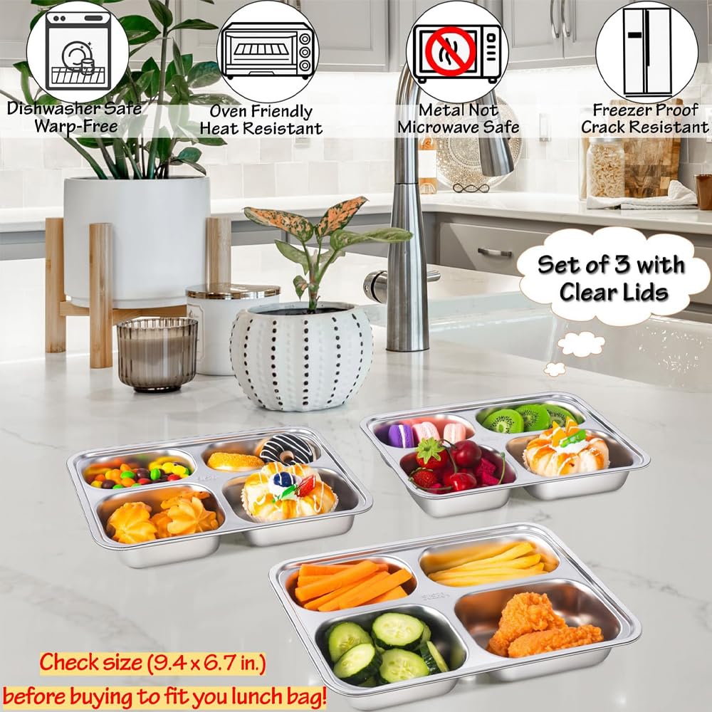 3 Pack Stainless Steel Snack Containers with Lids,4 Compartments Stainless Steel Lunch Box,Reusable Meal Prep Lunch Containers for Kids Adults, Divided Food Storage Containers for School Home Travel