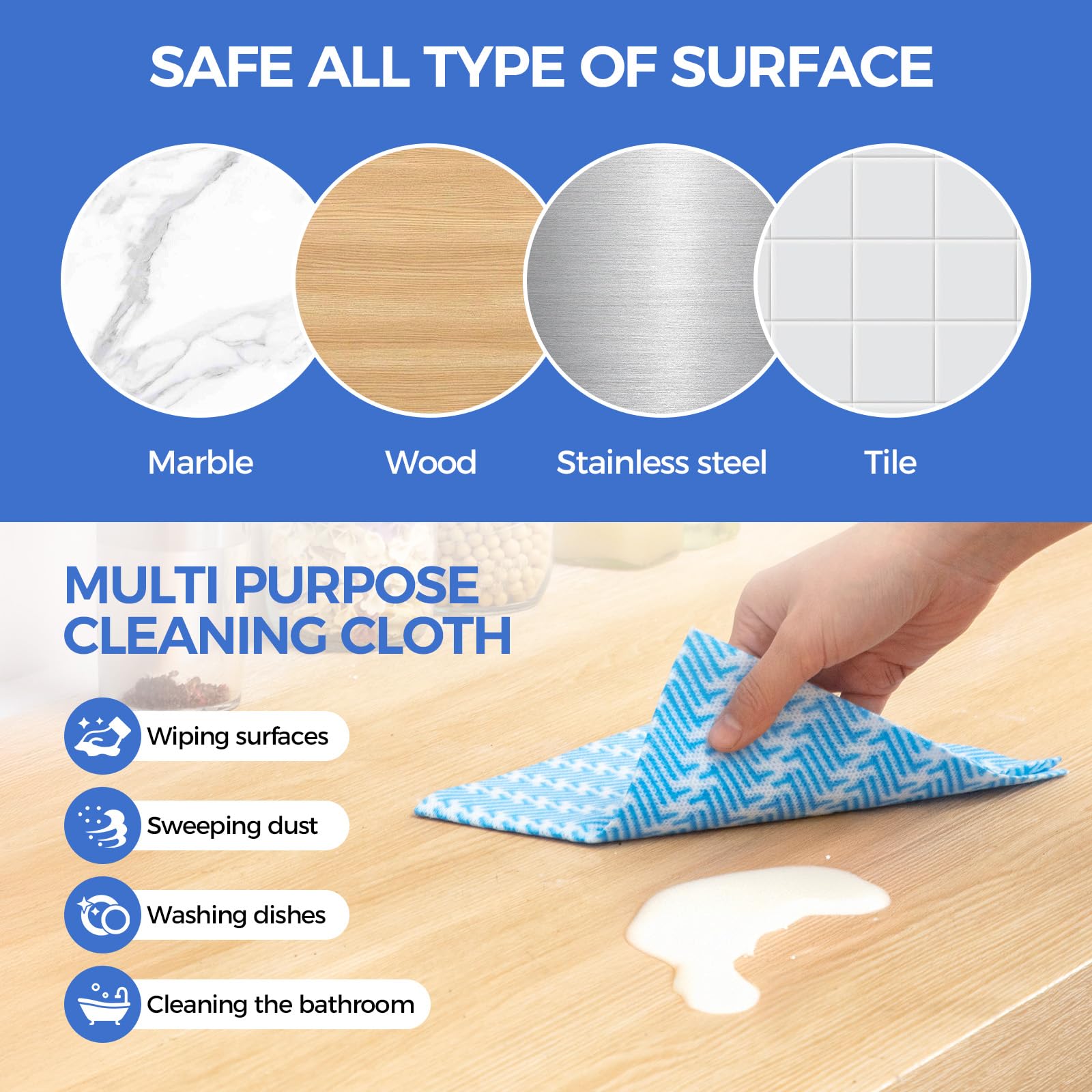 Peachicha Disposable Cleaning Cloth Washing Cloth for Kitchen, Multi-use Dish Towels, Disposable Dish Cloths, Cleaning Rags,100 Count, Blue