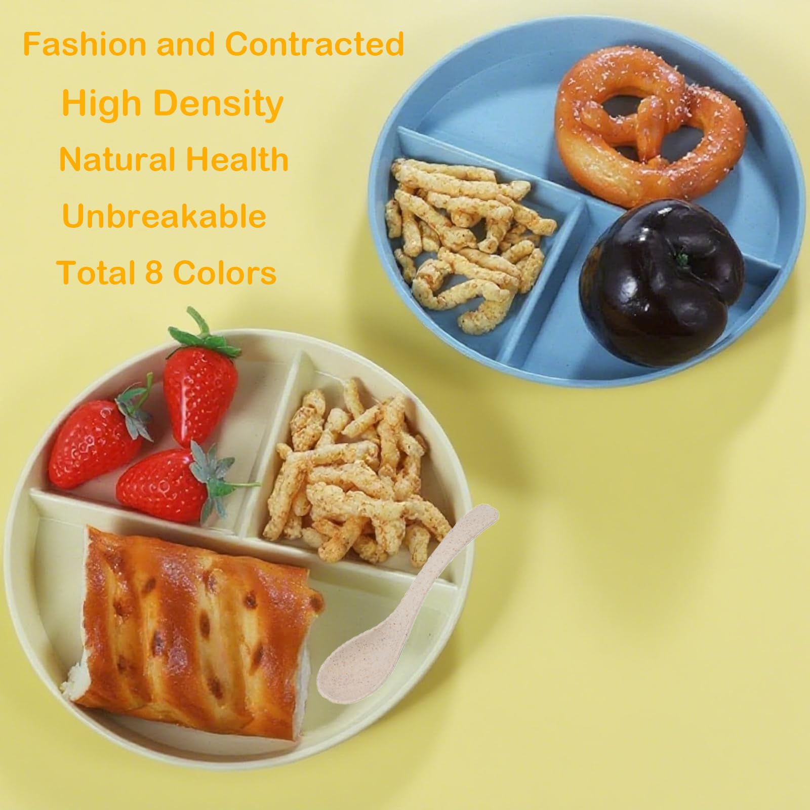 8 Pack Divided Plates 9 Inch Unbreakable Portion Control Plate Sectioned with Dividers, Plastic Food Separator Dinner Plates with 8 Spoons Lightweight Compartment Reusable Microwave Safe