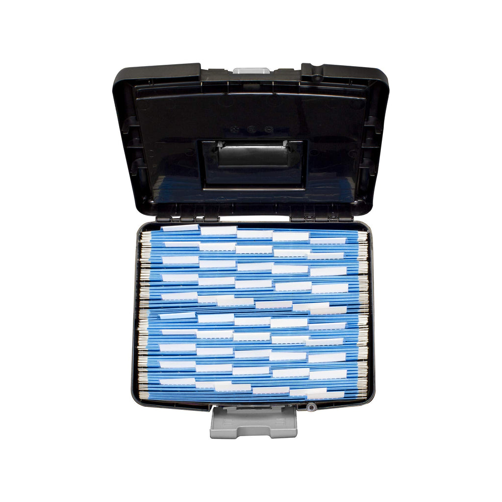 Storex Portable File Box with Organizer Lid – Plastic Office File Storage Box for Letter Paper and Hanging Folders, Obsidian, 1-Count (61504C01C)