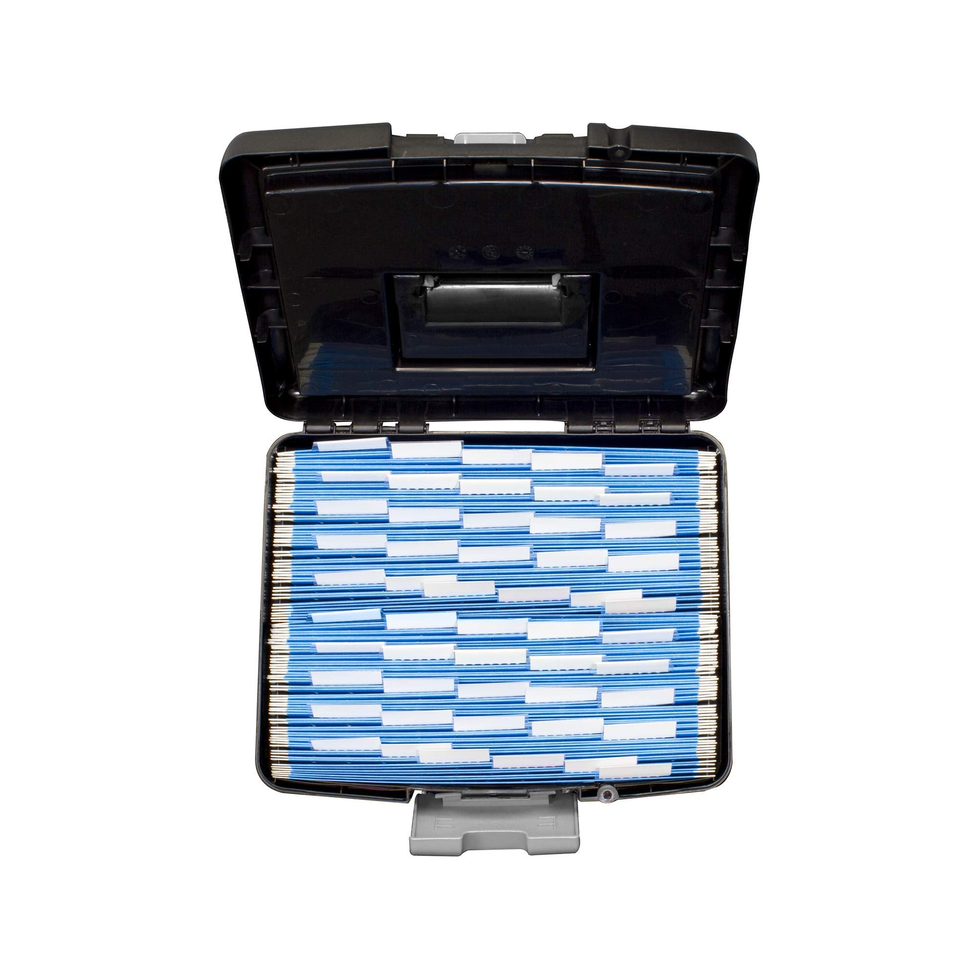 Storex Portable File Box with Organizer Lid – Plastic Office File Storage Box for Letter Paper and Hanging Folders, Obsidian, 1-Count (61504C01C)
