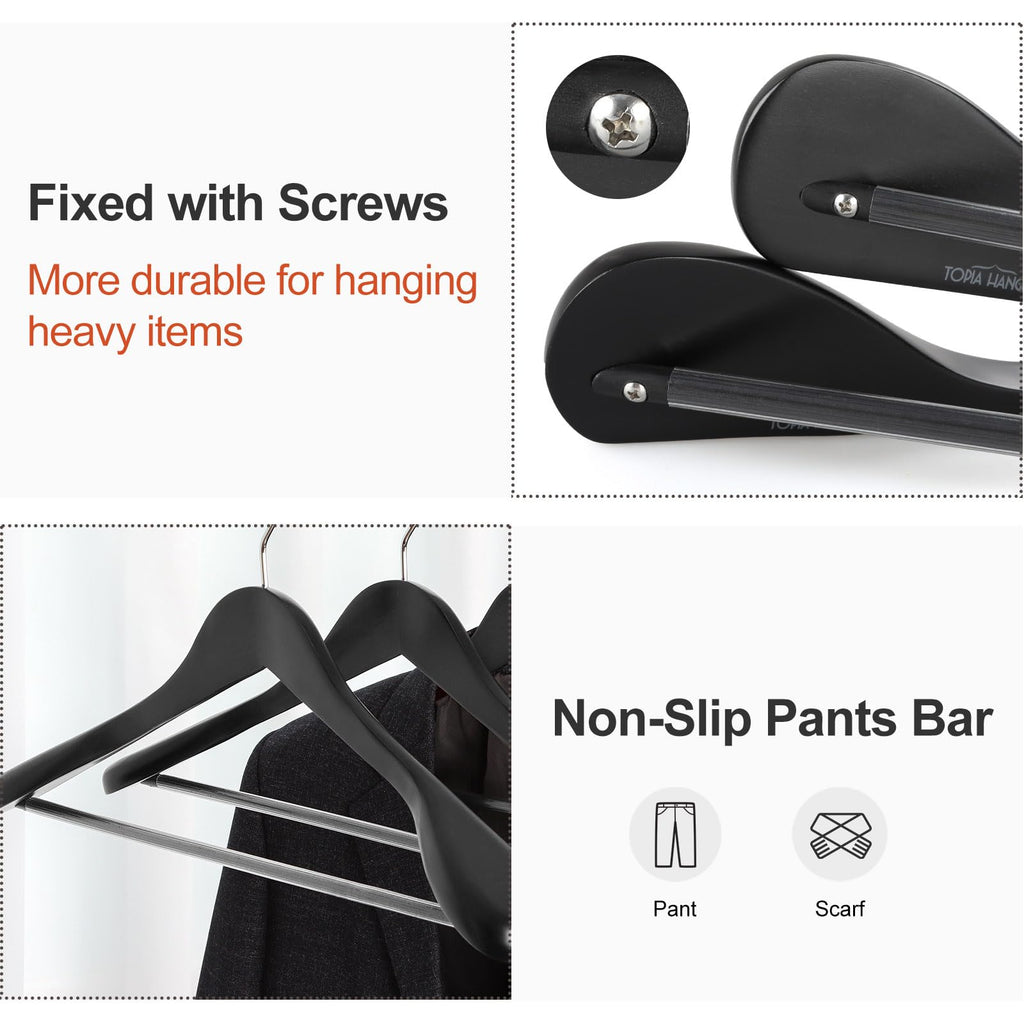 TOPIA HANGER Wide Shoulder Wooden Hangers, Suit Hangers with Non Slip Pants Bar & 360° Swivel Hook, Solid Wood Heavy Duty Coat Hanger, 6 Pack (Matte Black)-CT02B