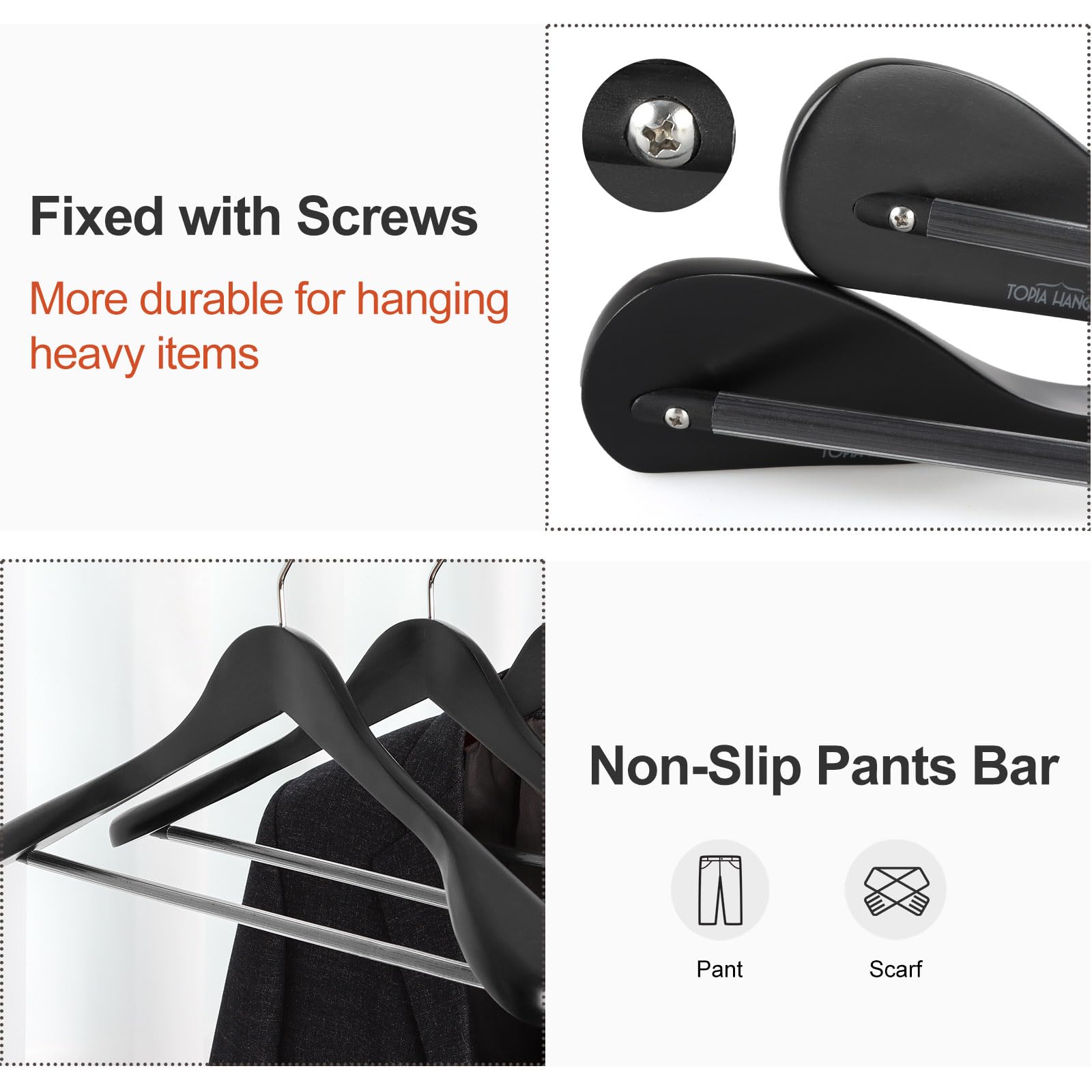 TOPIA HANGER Wide Shoulder Wooden Hangers, Suit Hangers with Non Slip Pants Bar & 360° Swivel Hook, Solid Wood Heavy Duty Coat Hanger, 6 Pack (Matte Black)-CT02B