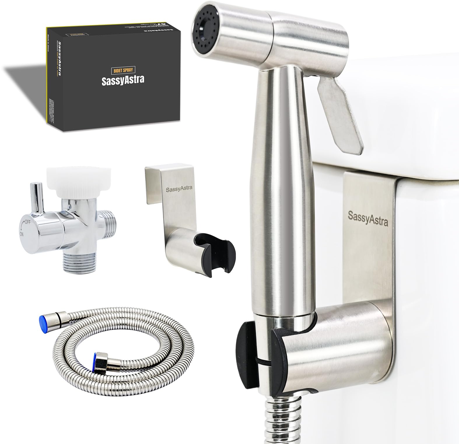 SassyAstra Handheld Bidet Sprayer for Toilet, Adjustable Water Pressure, 47 inch Hose Length (Stainless Steel, 1 Pack)