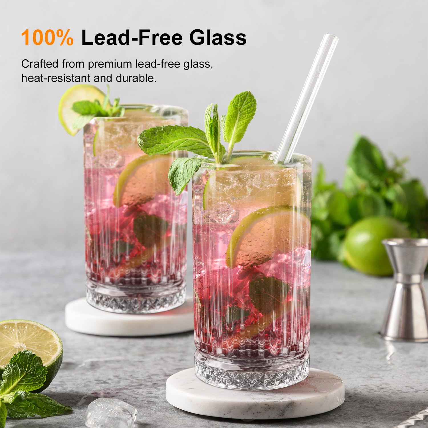Cambareign Highball Glasses Set of 4, 16oz Tall Drinking Glasses, Lead-Free Crystal Water Glassware for Juice, Cocktails, Iced Tea