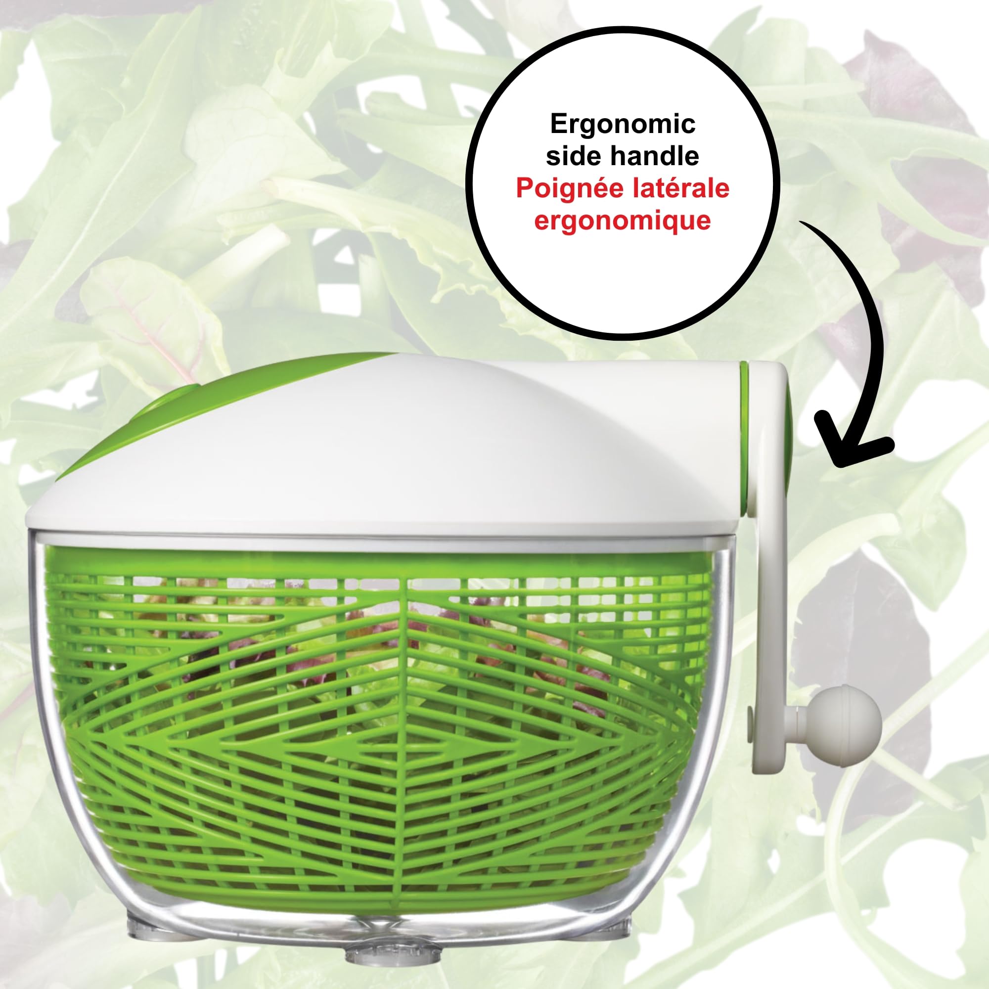 Starfrit Salad Spinner with Ergonomic Side Handle - Large Capacity 6L - Bowl Can Be Used for Serving - Stopper Button