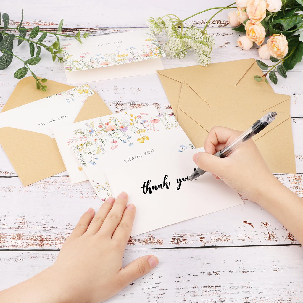 Lemicin 100 Packs Wildflower Thank You Cards with Envelopes -4x6 Inches Thank You Letter Set with Envelopes and Stickers for Birthday Parties Baby Showers Bridal Weddings Graduation Ceremonies