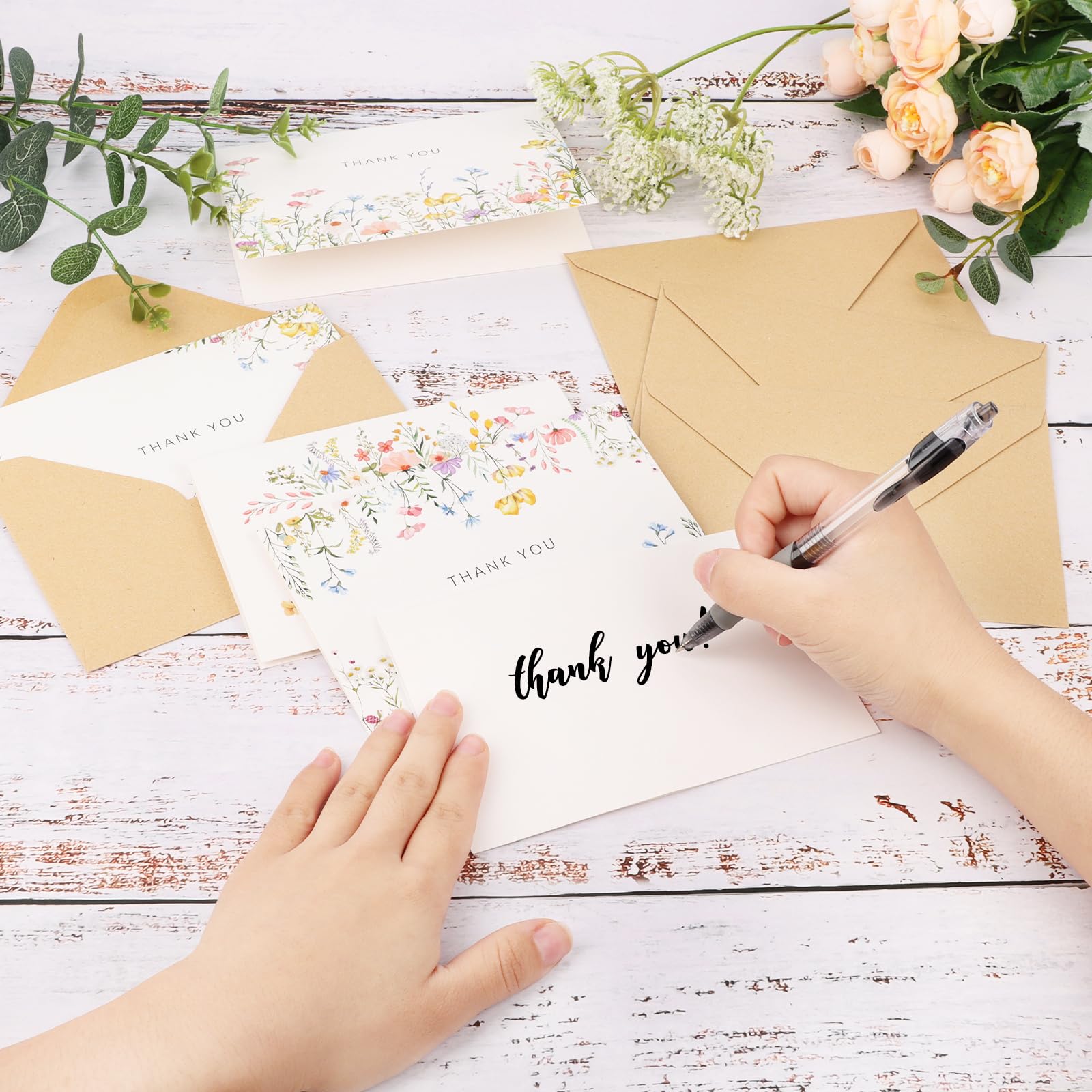 Lemicin 100 Packs Wildflower Thank You Cards with Envelopes -4x6 Inches Thank You Letter Set with Envelopes and Stickers for Birthday Parties Baby Showers Bridal Weddings Graduation Ceremonies