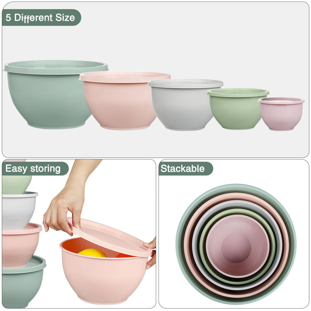Greentainer Plastic Mixing Bowl Set with Lids for Kitchen, Nesting Storage Bowls for Baking, Prepping,Cooking and Serving Food, Dishwasher, Microwave Safe,Great for Mixing & Serving (5pcs Pink)