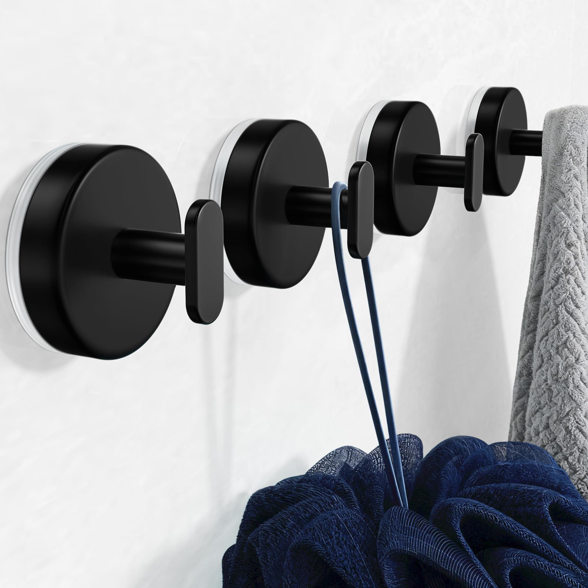 Suction Cup Hooks for Shower: 15 LB Strong Wall Hanger for Bathroom, Front Door, Glass, Window, RV, Holder for Towel, Christmas Wreath, Coat, Loofah, Waterproof & Reusable, Matt Black 4 Pack