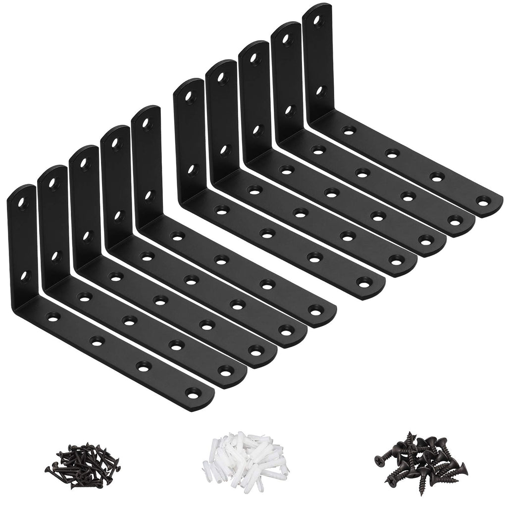 Kamtop 10 PCS L Shelf Brackets, 5 Inch x 3 Inch Heavy Duty Corner Brace, 90 Degree Joint Angle Bracket Wall Hanging L Shape Right Angle Shelf Bracket with Screws, Black