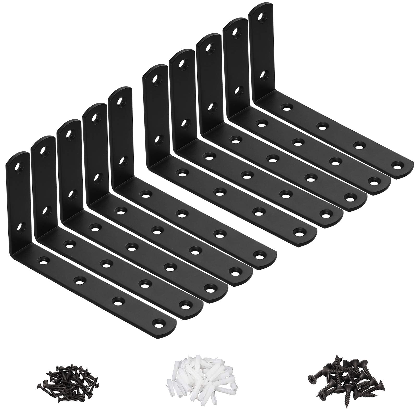 Kamtop 10 PCS L Shelf Brackets, 5 Inch x 3 Inch Heavy Duty Corner Brace, 90 Degree Joint Angle Bracket Wall Hanging L Shape Right Angle Shelf Bracket with Screws, Black