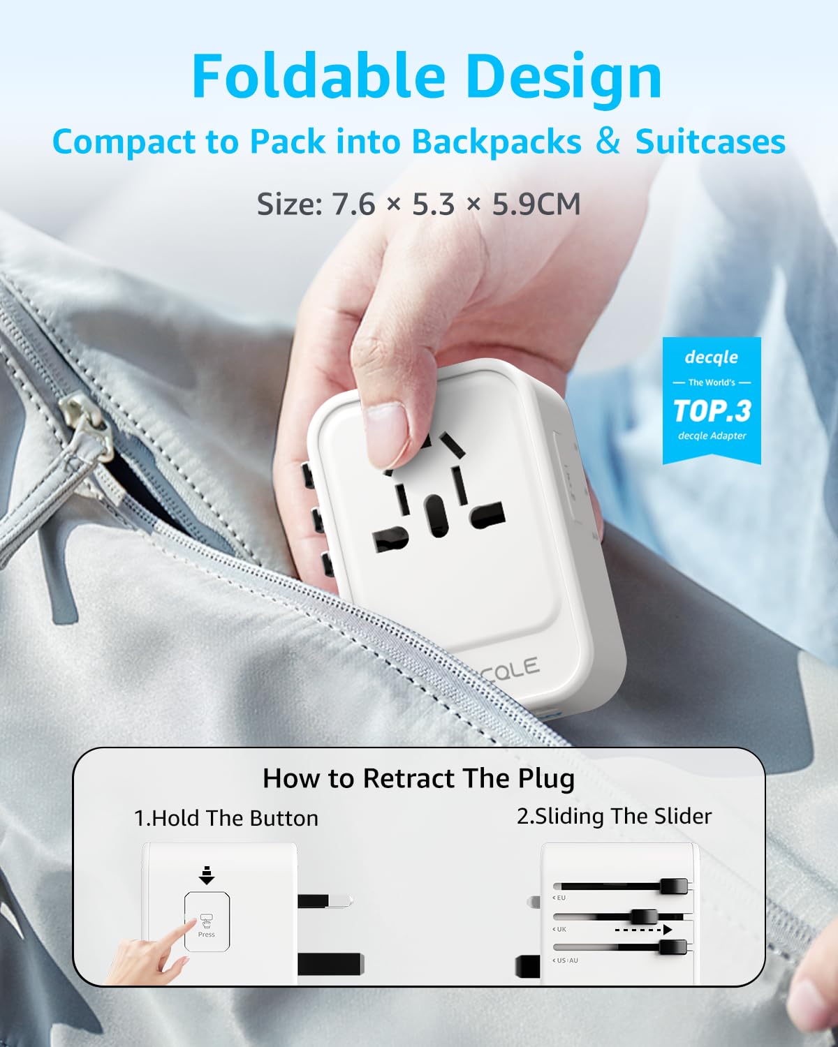 decqle Universal Travel Adapter, International Travel Plug Adapter with 2 USB-C(PD 20W) ＆ 1 USB-A Ports, All in One Portable Adaptor, for USA, UK, EU, AU ＆ 224+ Countries (White)