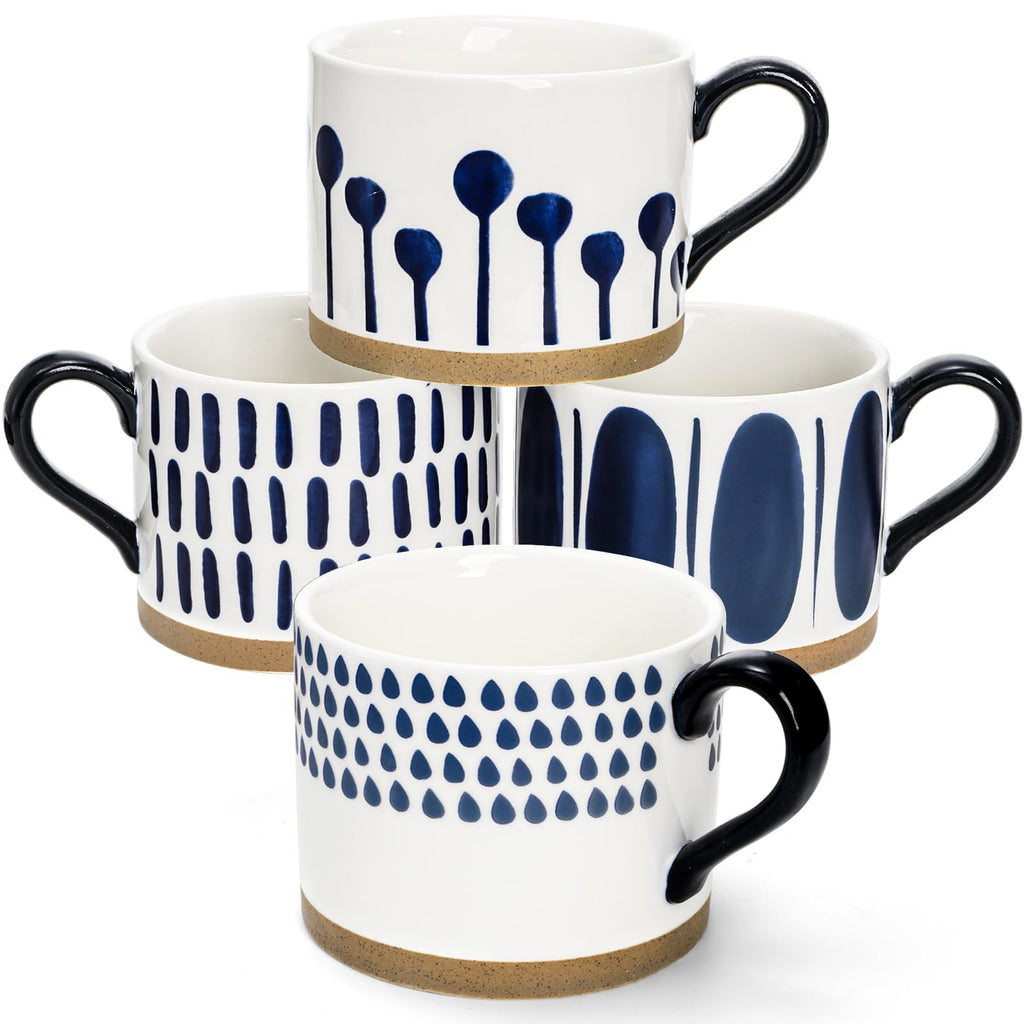 SOUJOY Set of 4 Porcelain Coffee Mugs, 15 Oz Hand Painted Coffee Cups with Handles, Large Glazed Stoneware Mugs for Tea, Hot or Cold Drinks, Best Gifts for Birthday, Wedding
