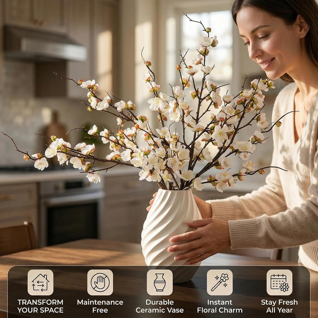 Betylifoy Artificial Plum Blossom Flowers 4Pcs Faux Silk Cherry Blossom 38" Long Stems Fake Plum Blossom Branches Artificial Silk Flower for Flowers Arrangement Wedding Home Table Decor (White, 4PCS)