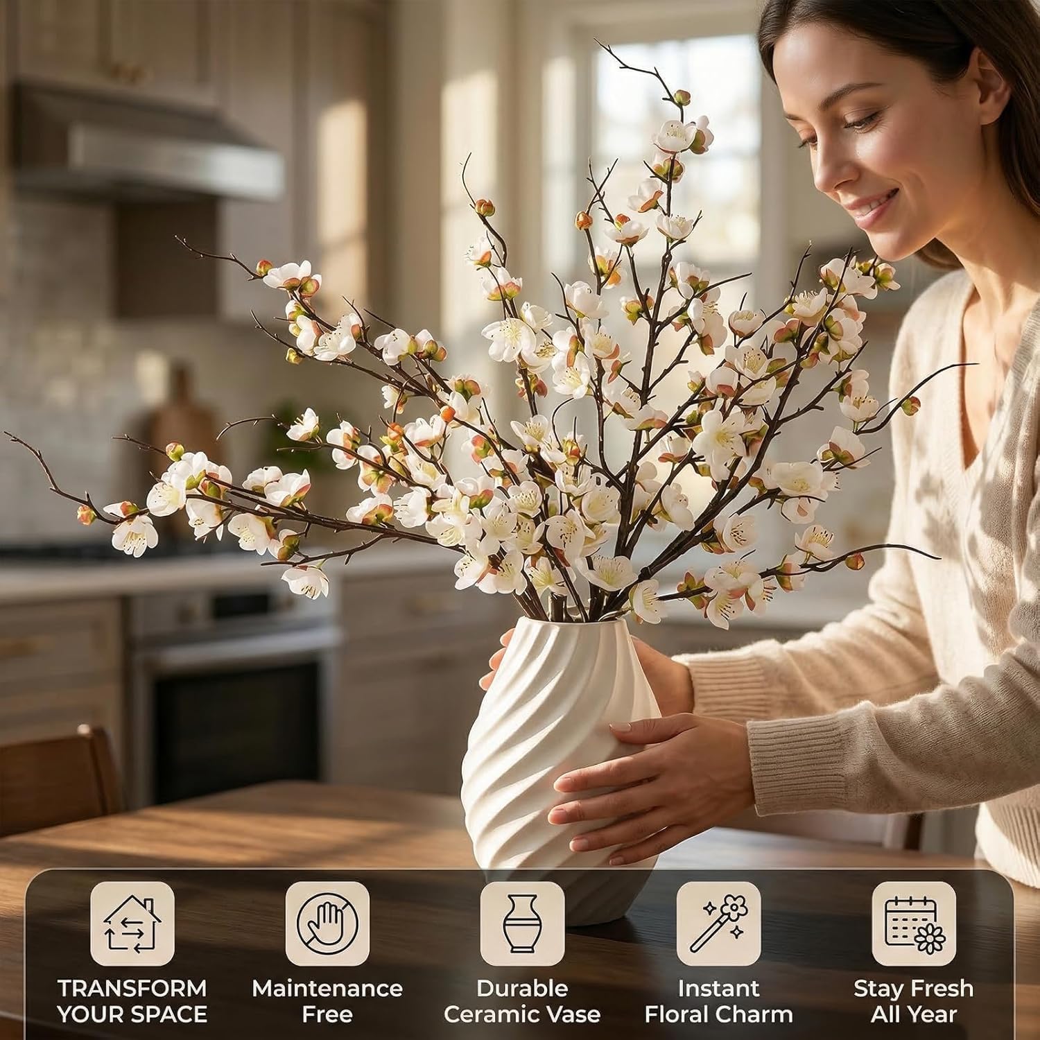 Betylifoy Artificial Plum Blossom Flowers 4Pcs Faux Silk Cherry Blossom 38" Long Stems Fake Plum Blossom Branches Artificial Silk Flower for Flowers Arrangement Wedding Home Table Decor (White, 4PCS)