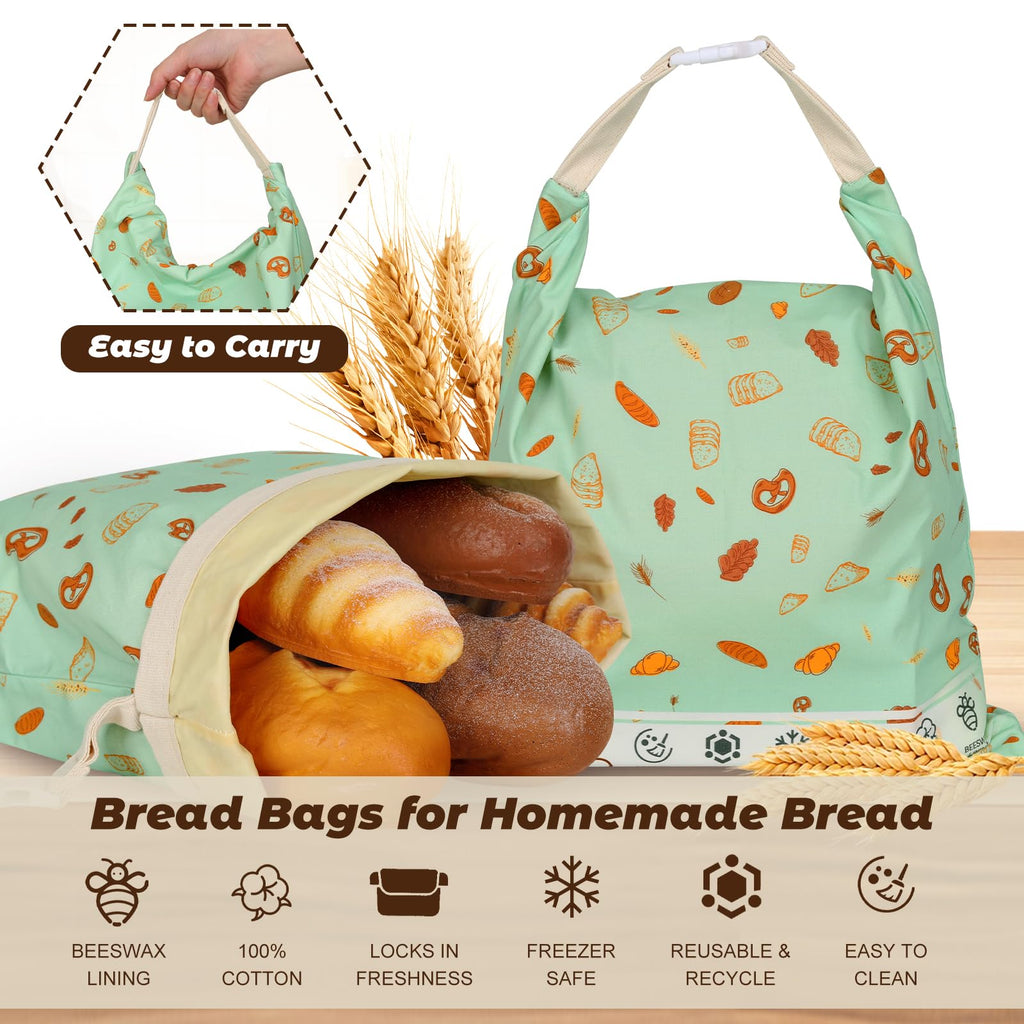 Reusable Beeswax Bread Bags for Homemade Bread 2 Pack, 17 x 13 inch, Natural Lined Cotton Beeswax Bags for Freezer & Refrigerator, Sourdough Bag, Bread Storage Bags Freshness Lock, Bakery Essentials