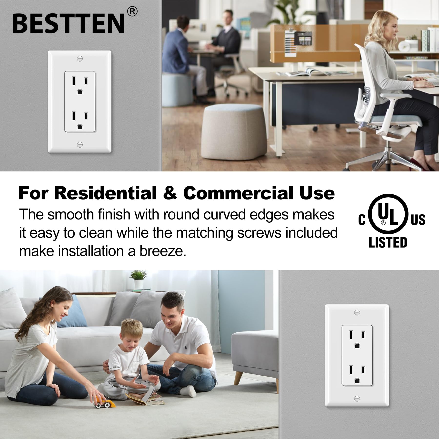 BESTTEN 10 Pack -15 Amp Decor Receptacle Outlet for Residential and Commerical Use, 15A/125V/1875W, Standard Electrical Wall Outlet, Decorator Wallplate Included, cUL Listed, White