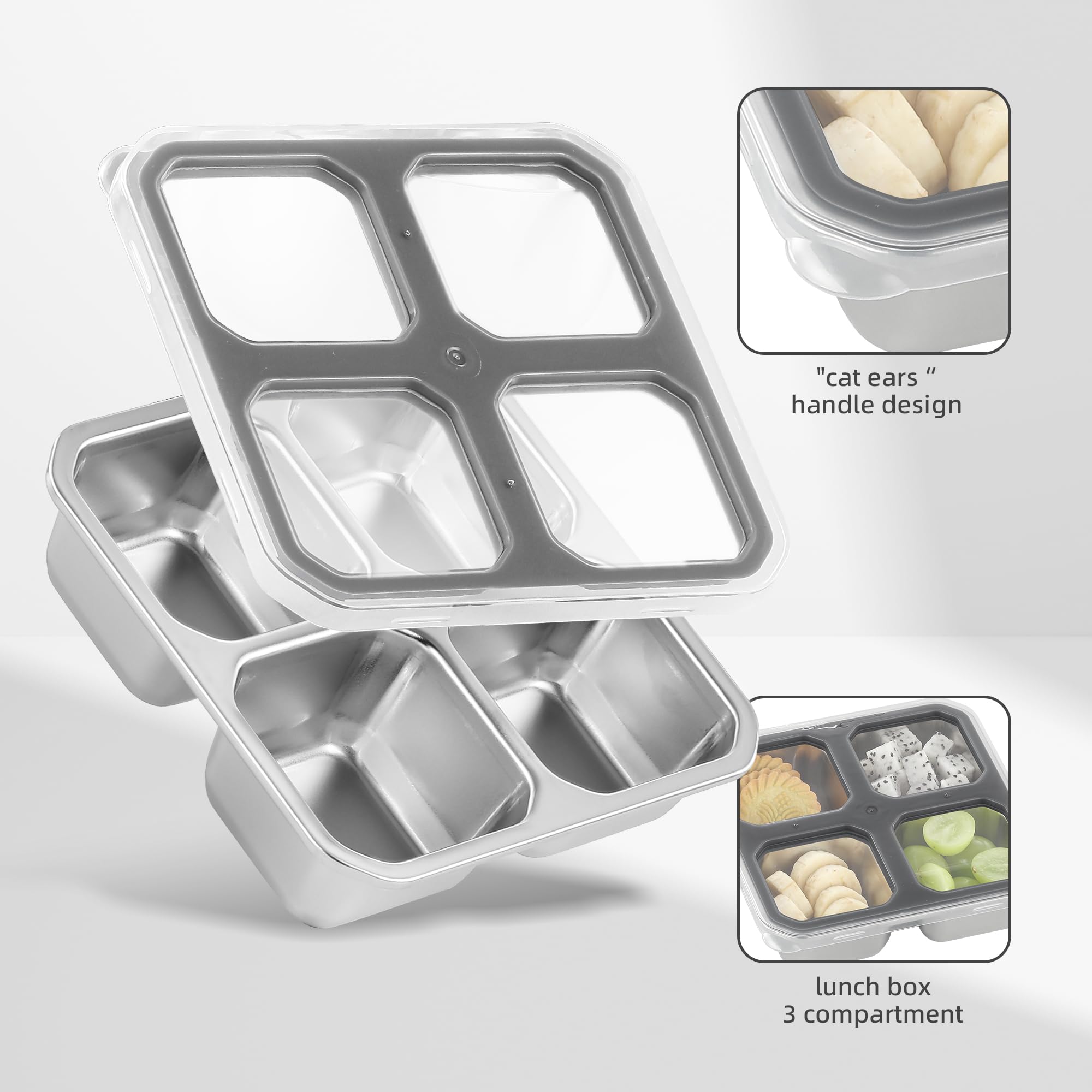 BEFOY 4 Pack Stainless Steel Snack Containers with Lids - 4 Compartment Food Storage Containers for Adults & Kids - Meal Prep Reusable Bento Lunch Box - Silver