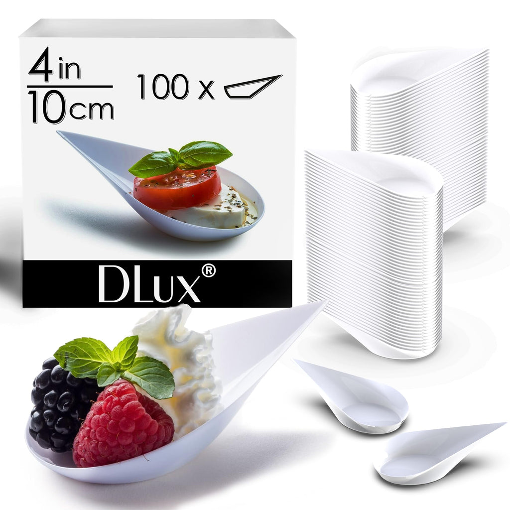 DLux 100 4-in Tear Drop Mini Appetizer Plates, Reusable White Plastic Spoons - Desserts and Appetizers Dishes Serving Plate - Asian Spoon Set, Small Catering Dessert Tasting Cups - with Recipe Ebook