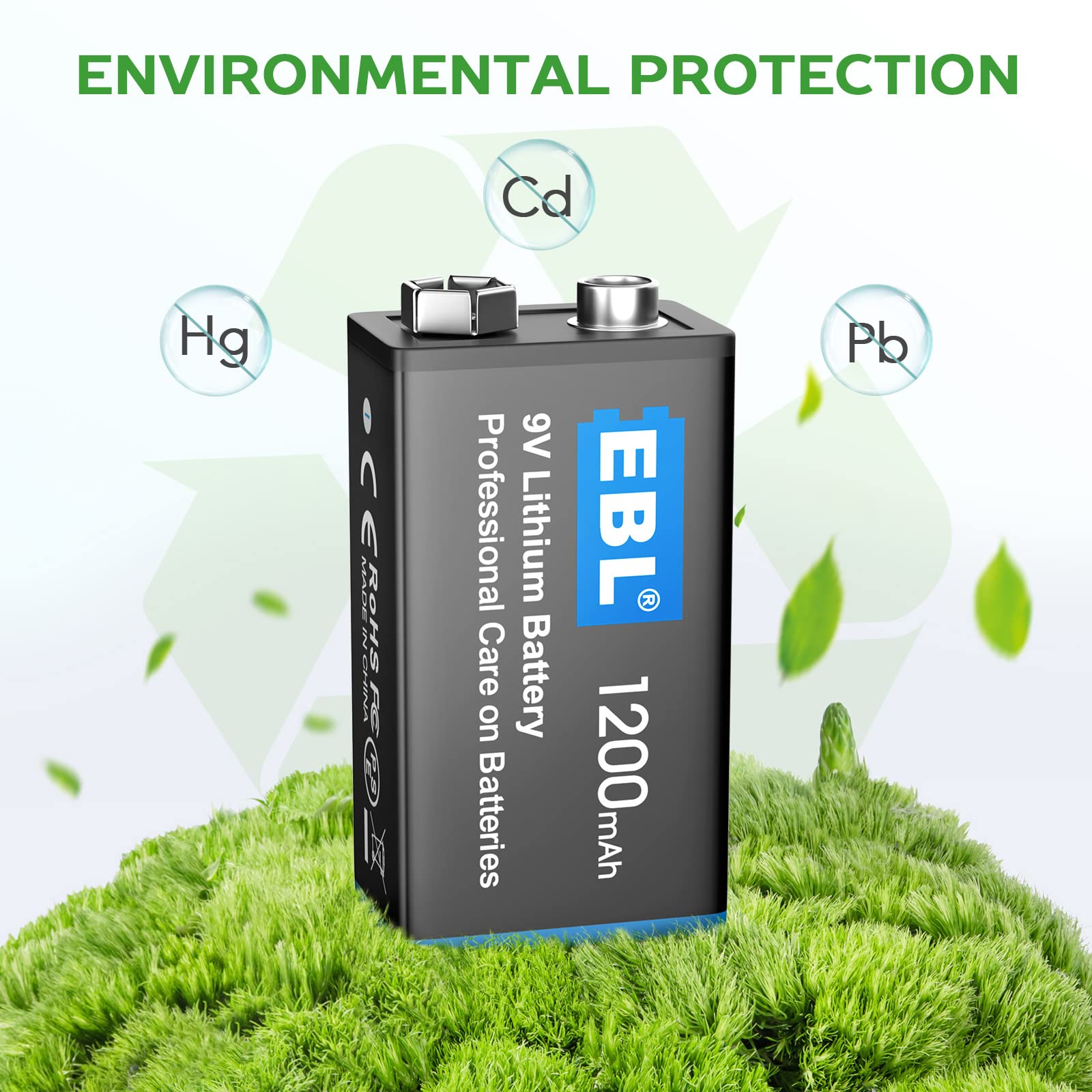EBL 4 Pack 9V Li-th-ium Metal Batteries, 1200mAh Performance Capacity, Long Lasting, High Power, Light Weight, Non-Rechargeable