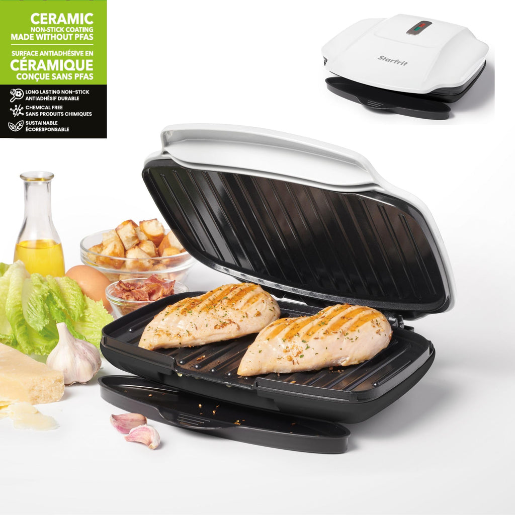 Starfrit Grill And Panini Press With Ceramic Coating - Non-Stick Coating - PFAS-Free - Removable Fat And Oil Collection - White