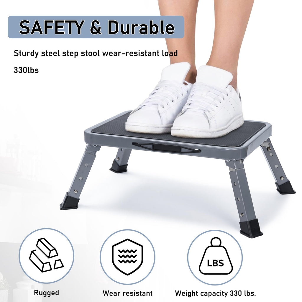 BQKOZFIN Folding Step Stool, 15'‘ x 10.2’' Adjustable Height Step Stool with Non-Slip Rubber and Handle, Suitable for RVs, Bathrooms, Kitchens, and Bedside Use, Supports up to 330 lbs (Gray)