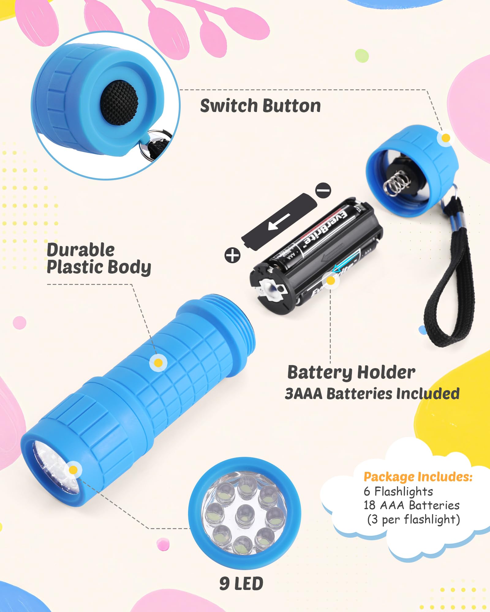 EverBrite 6-Pack Mini 9-LED Flashlight with Lanyard, Impact Handheld Torch Assorted Colors with 3AAA Battery Included (Hurricane Supplies, Camping), Gift to Halloween, Christmas