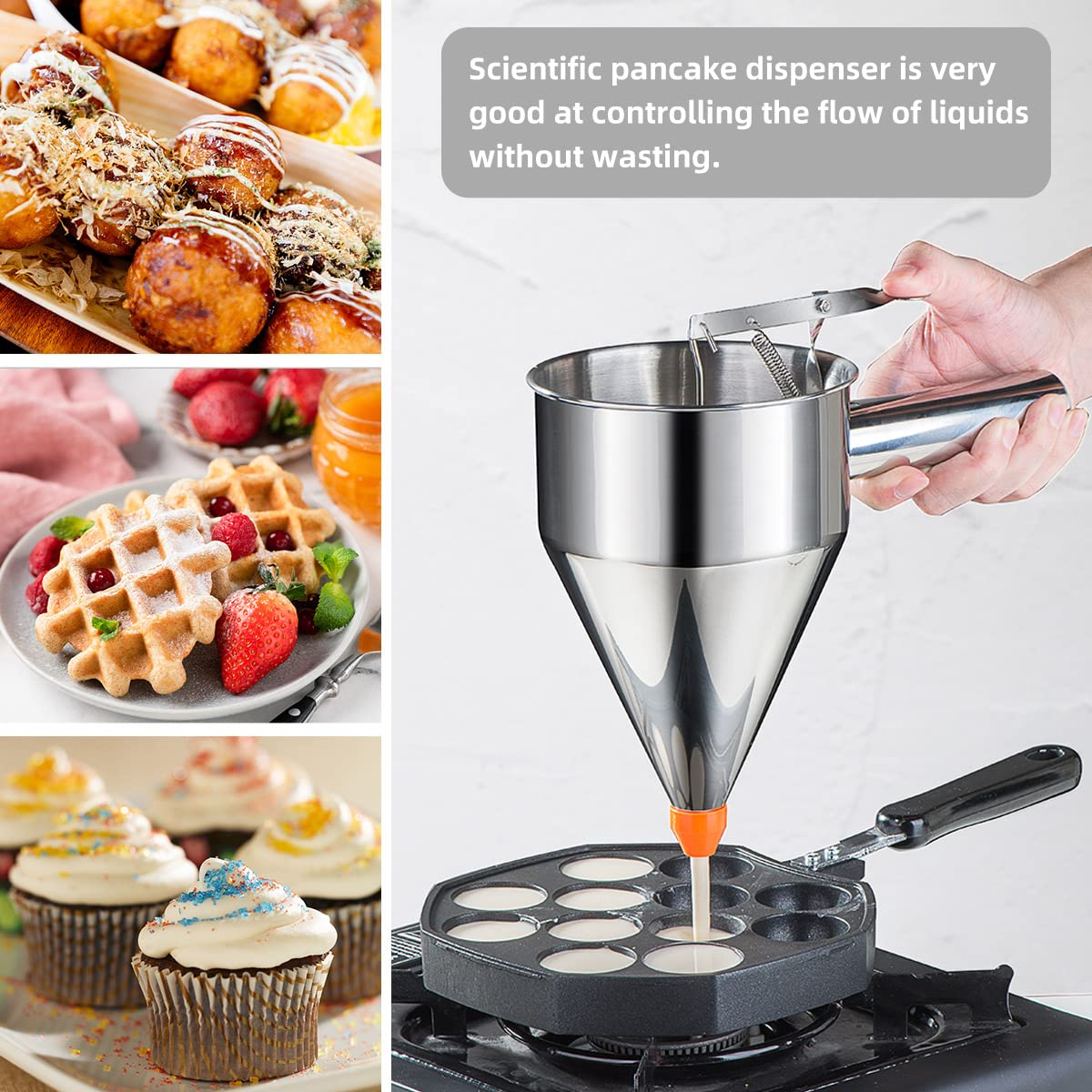 40oz Pancake Batter Dispenser, Stainless Steel Funnel Cake Dispenser with 4 Silicone Nozzles, Perfect for Pancakes, Cupcakes, and Funnel Cakes